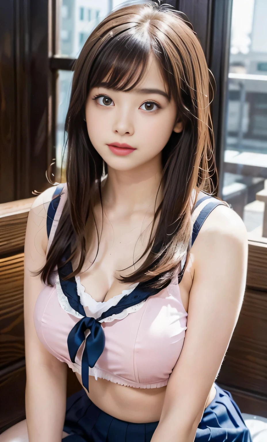 (8K, Raw photo, realistic:1.25) ,{( lip gloss), {{long eyelashes:double eyes}}, {shiny face, Glossy skin}, {highest quality, ultra high resolution}, Depth of written boundary, chromatic aberration, caustics, wide range lighting, natural shading,){ Look at the viewer with a calm expression::18-year-old, happiness like a goddess}}., , {{sailor suit:See-through:(pink good}:nipple}}, {mini skirt},{{simple background:white}}