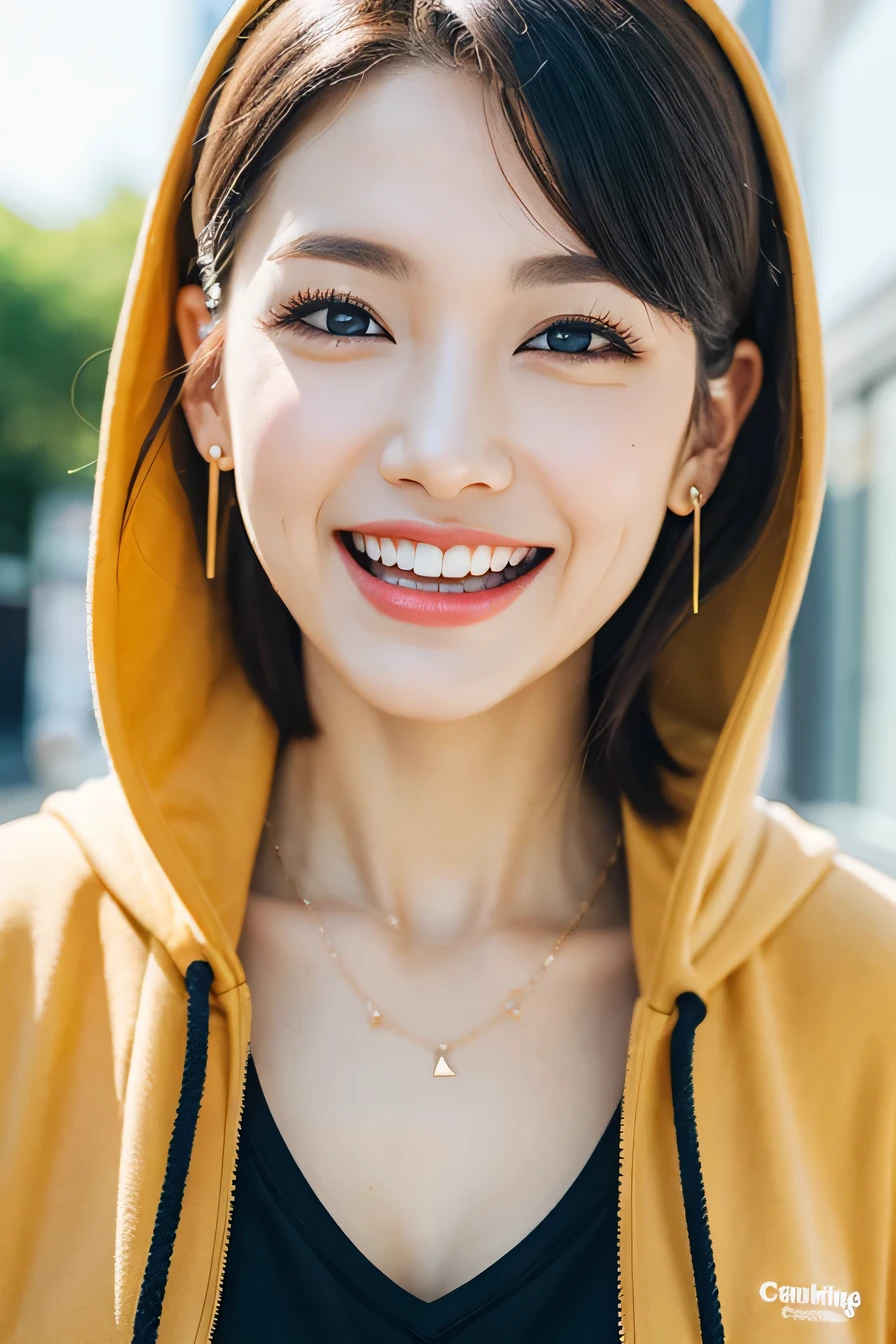 clear woman, cute, super detailed human face, 長いblack hair, fringe, highly detailed brown eyes, highly detailed teeth, white teeth, wearing a hoodie, city、 amazing details, Canon 5DM4, film stock photography, F1.6 lenses, realistic texture, unreal engine, photorealist,black hair、dark eyeliner、ear piercing、necklace around neck、beautiful teeth