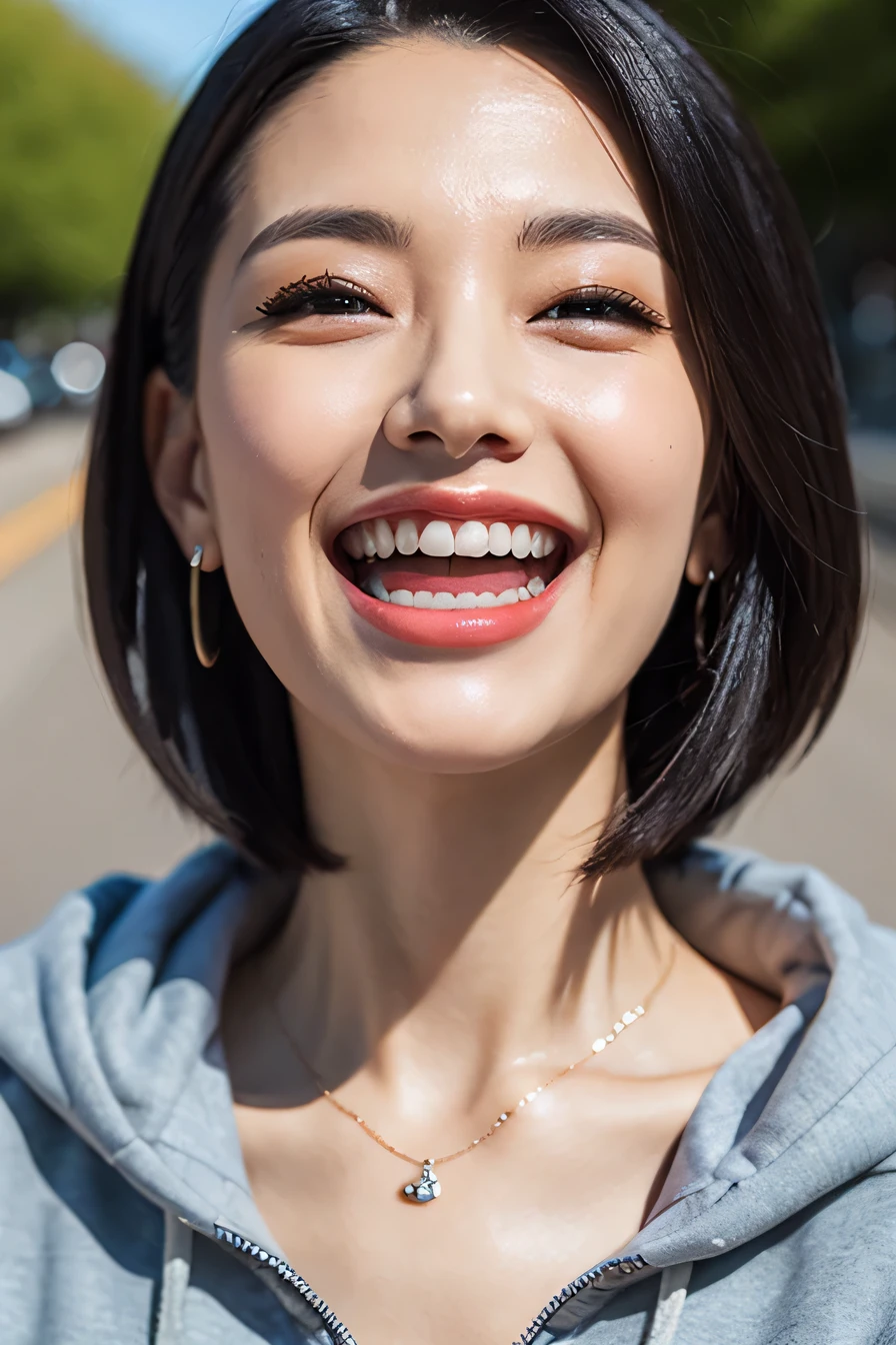 clear woman, cute, super detailed human face, 長いblack hair, fringe, highly detailed brown eyes, highly detailed teeth, white teeth, wearing a hoodie, city、 amazing details, Canon 5DM4, film stock photography, F1.6 lenses, realistic texture, unreal engine, photorealist,black hair、dark eyeliner、ear piercing、necklace around neck、beautiful teeth
