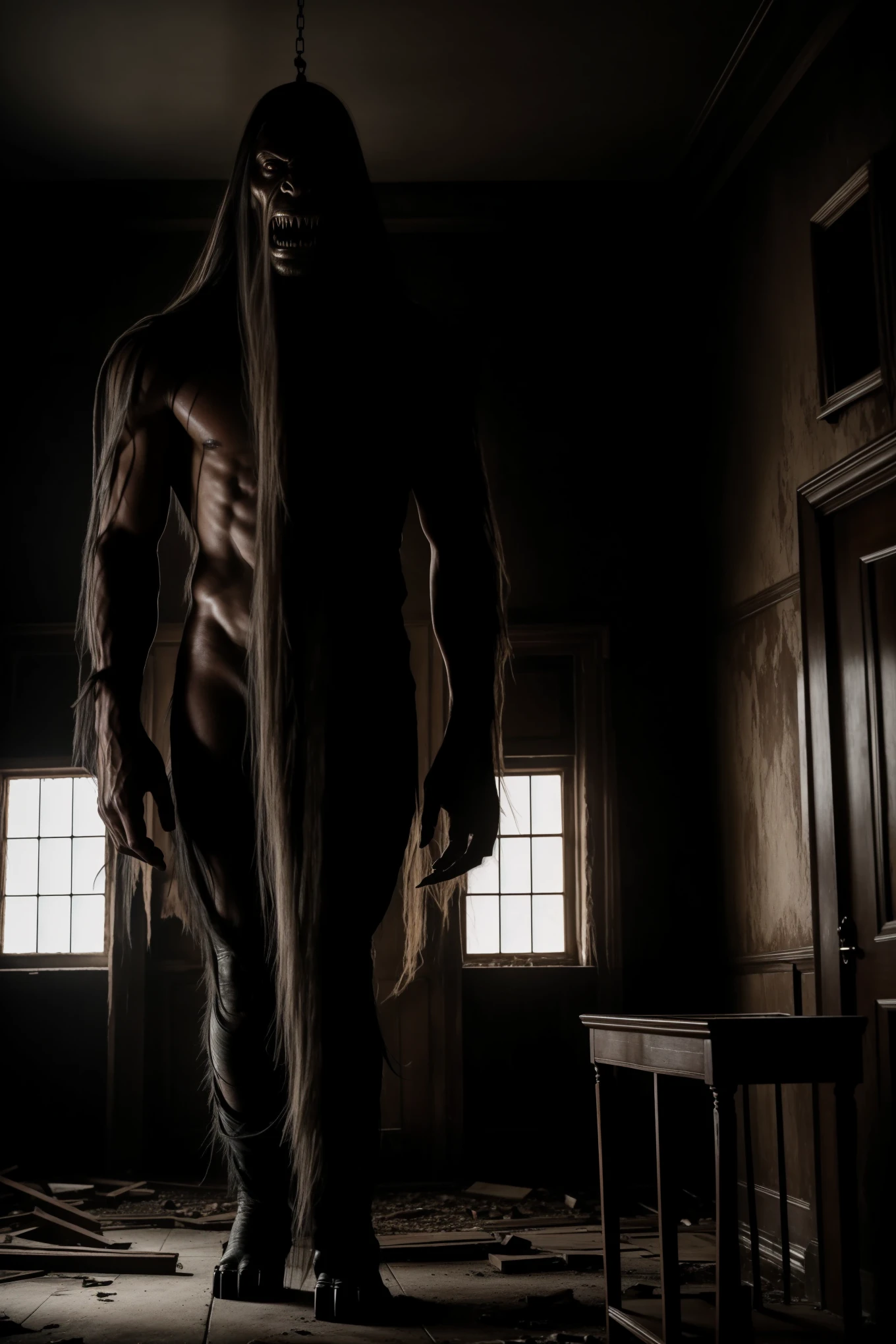 A chilling, cinematic image of a black-haired monster with a twisted, menacing face and long, flowing locks. In the background, the monster stands in a dimly lit, abandoned house, where the only source of light comes from a broken mirror with a blood-stained hand reaching out. The overall atmosphere is eerie and suspenseful, with a sense of impending doom hanging heavy in the air. The monster's eyes gleam with an otherworldly intensity, and its breathing can be heard echoing through the abandoned rooms. The image is captured in high definition, with every detail vividly brought to life - from the monster's grotesque features to the peeling wallpaper and