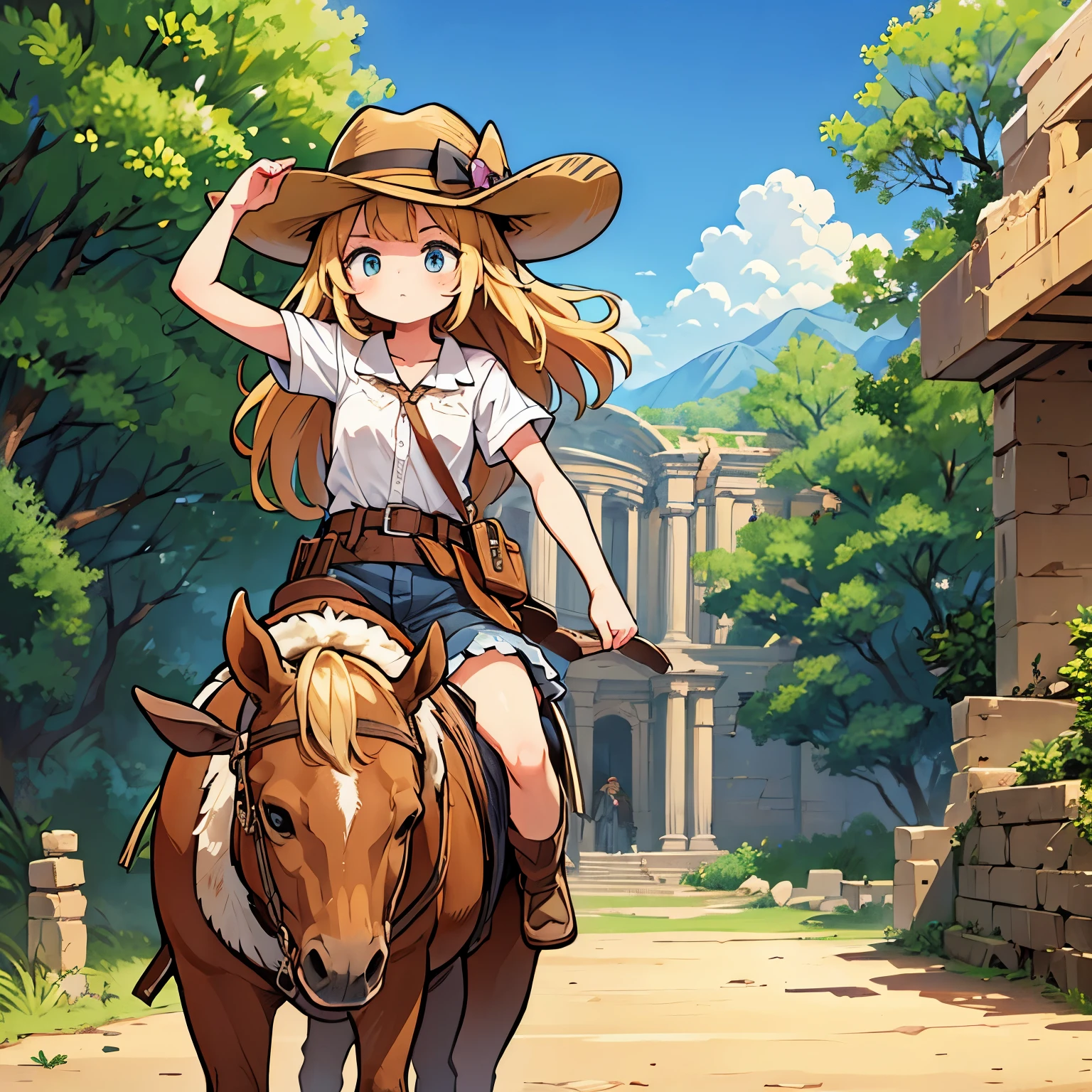 masterpiece, Detailed background, Indiana Jones' worldview、Petra Ruins、 cute girl riding a horse、cowboy hat