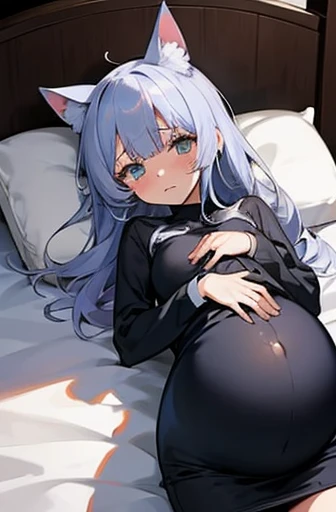 1 girl, Have cat ears,Pregnant, childbirth, work, Pregnantのお腹を抱きしめる, wear a maternity suit、clothes get torn、scared、on the bed、wearing a skirt