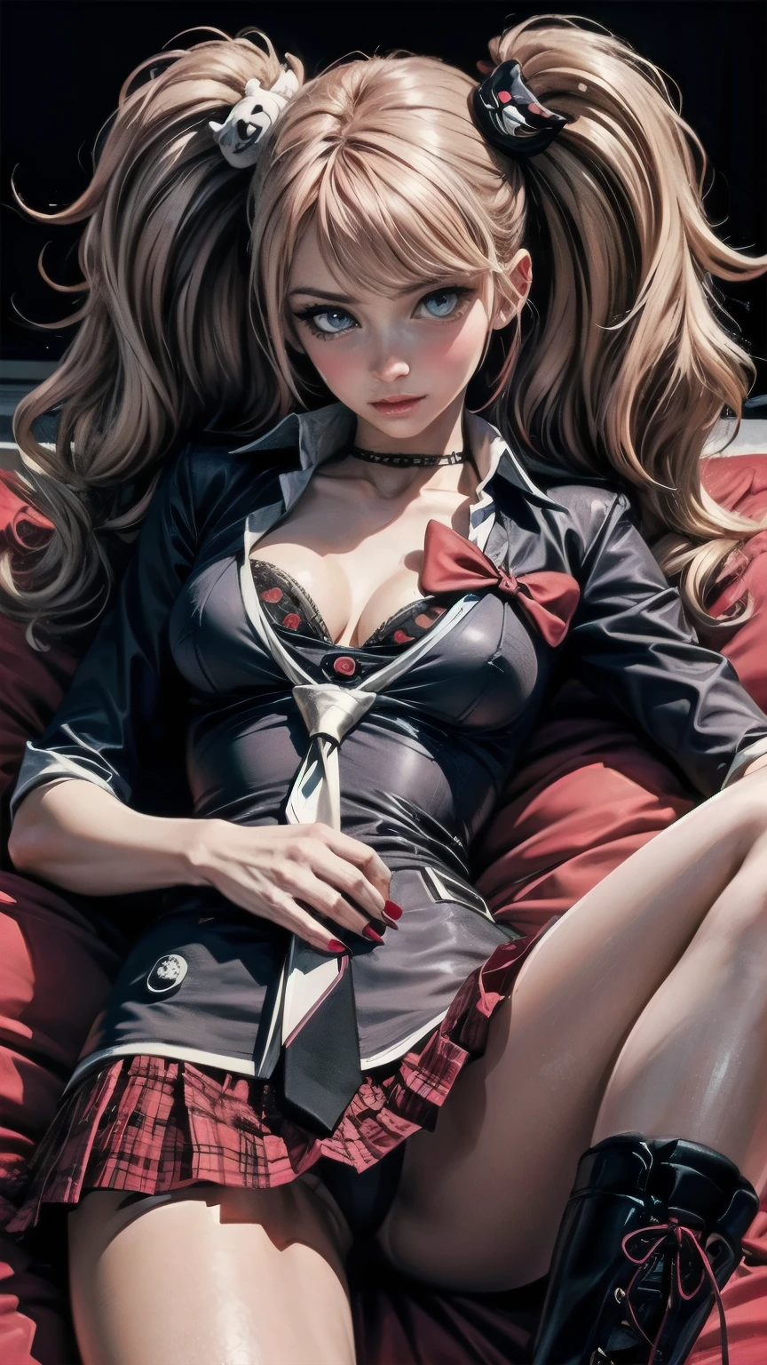 Best Quality, Realistic, Realistic, Award-Winning, (Intricate Details: 1.2), (Fine Details), (Intricate Details), (Cinematic Light, Best Quality Backlight), Clear Lines, Sharp Focus, Official Art, Unity 8k Wallpaper, Ridiculous, Incredibly Ridiculous, Fantasy Art, RTX,long hair, 1girl, hair ornament, twintails, solo, breasts, blue eyes, cleavage, bow, bear hair ornament, necktie, blonde hair, bangs, looking at viewer, collarbone, shirt, nail polish, red bow, black shirt, underwear, bra, skirt, choker, black bra, sleeves rolled up, white necktie, red nails, pleated skirt, red skirt, medium breasts, miniskirt, shiny hair,  pink hair, boots, plaid skirt, blush, plaid, junko enoshima 