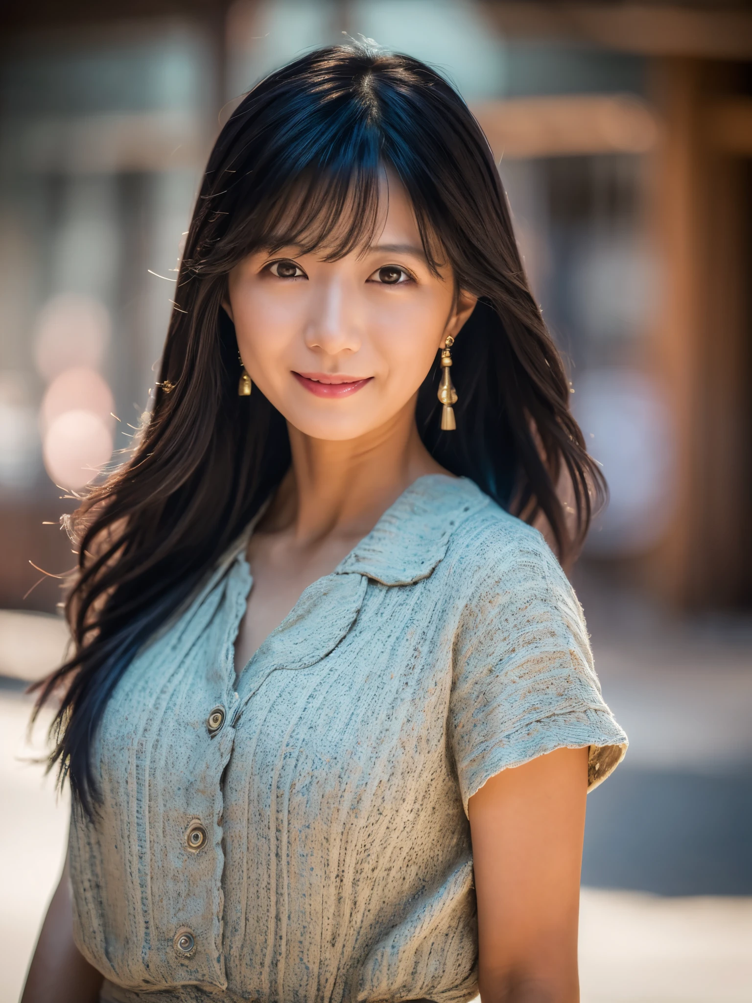 Japanese lady, 40 years old, casual outfit, long black hair, colored inner hair, empty eyes, earrings, smile, depth of field, cinematic lighting, Canon, f/1.2, cowboy shot, UHD, masterpiece, anatomically correct, textured skin, super detail, high quality, 8k, HD