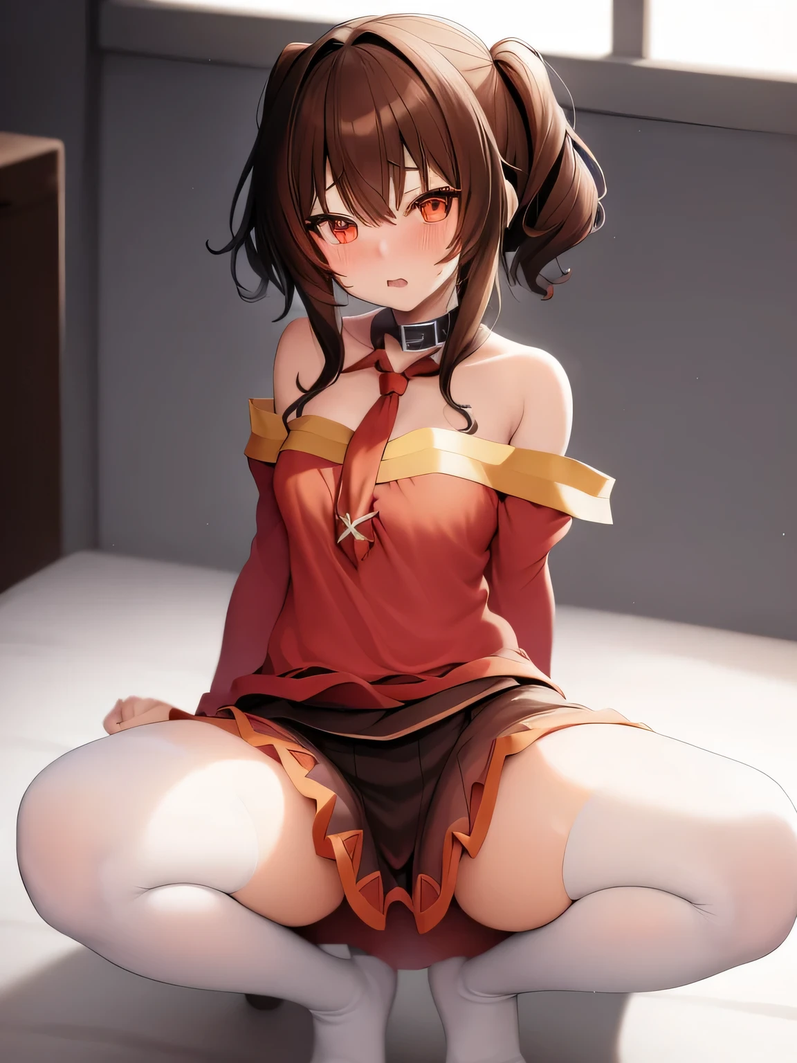 Anime girl kneels on the floor in a short skirt and a red tie, Anime look of a cute girl, weiche Anime-CG-Kunst, beautiful anime high school girl, The anime girl is crouching, Megumin macht Anime Konosuba Bonito, ein hyperrealistischer Student, beautiful anime girl, das hockt, junger Anime, Anime-Moe-Kunststil, Fotorealistische Anime-Girl-Darstellung, rote Augen, braune Haare, kurzes Haar