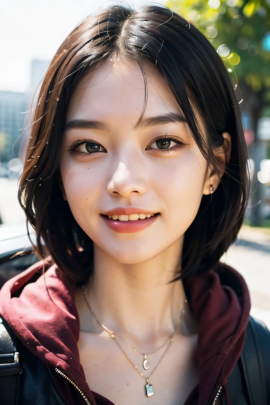 clear woman, cute, super detailed human face, 長いblack hair, fringe, highly detailed brown eyes, highly detailed teeth, white teeth, wearing a hoodie, city、 amazing details, Canon 5DM4, film stock photography, F1.6 lenses, realistic texture, unreal engine, photorealist,black hair、dark eyeliner、ear piercing、necklace around neck、beautiful teeth、hairstyle semi long