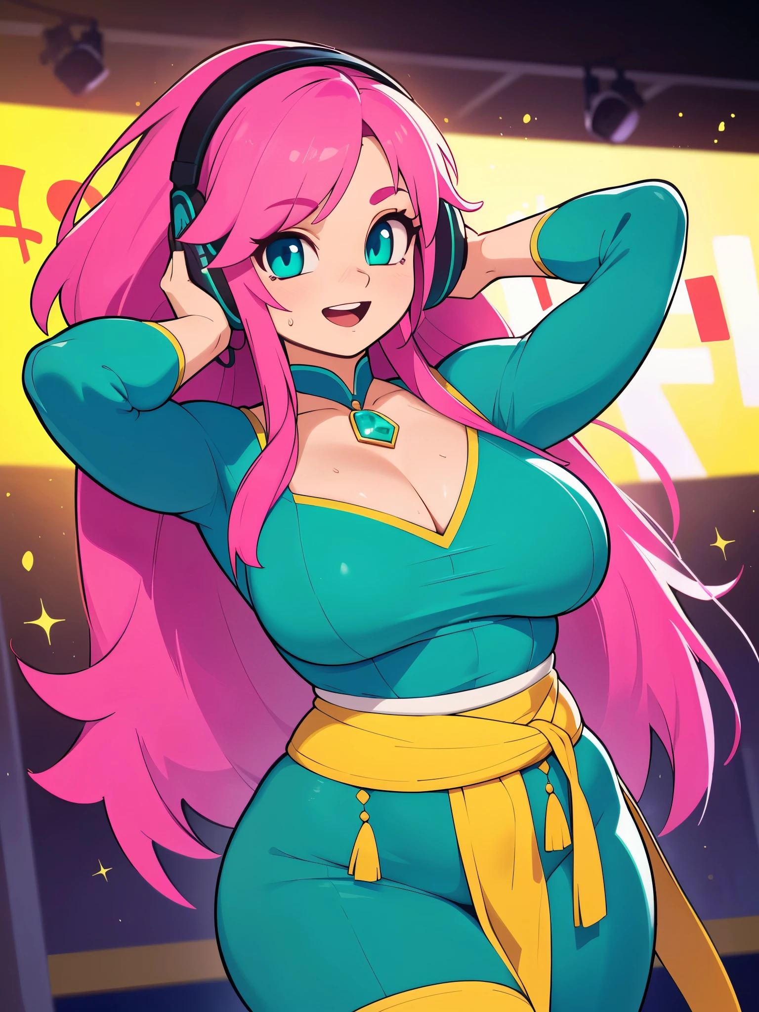 (best quality, highres, masterpiece:1.2), ultra-detailed, (realistic, photorealistic, photo-realistic:1.37), woman, mature, music notes, dancing, Joyful expression, Pink flowing hair, sparkling teal eyes, Music aura, instruments, headphones, Etheral, Stage, performance, Colorful outfit, jewellery, dance club, Musical aura, revealing clothes, busty, curvy,