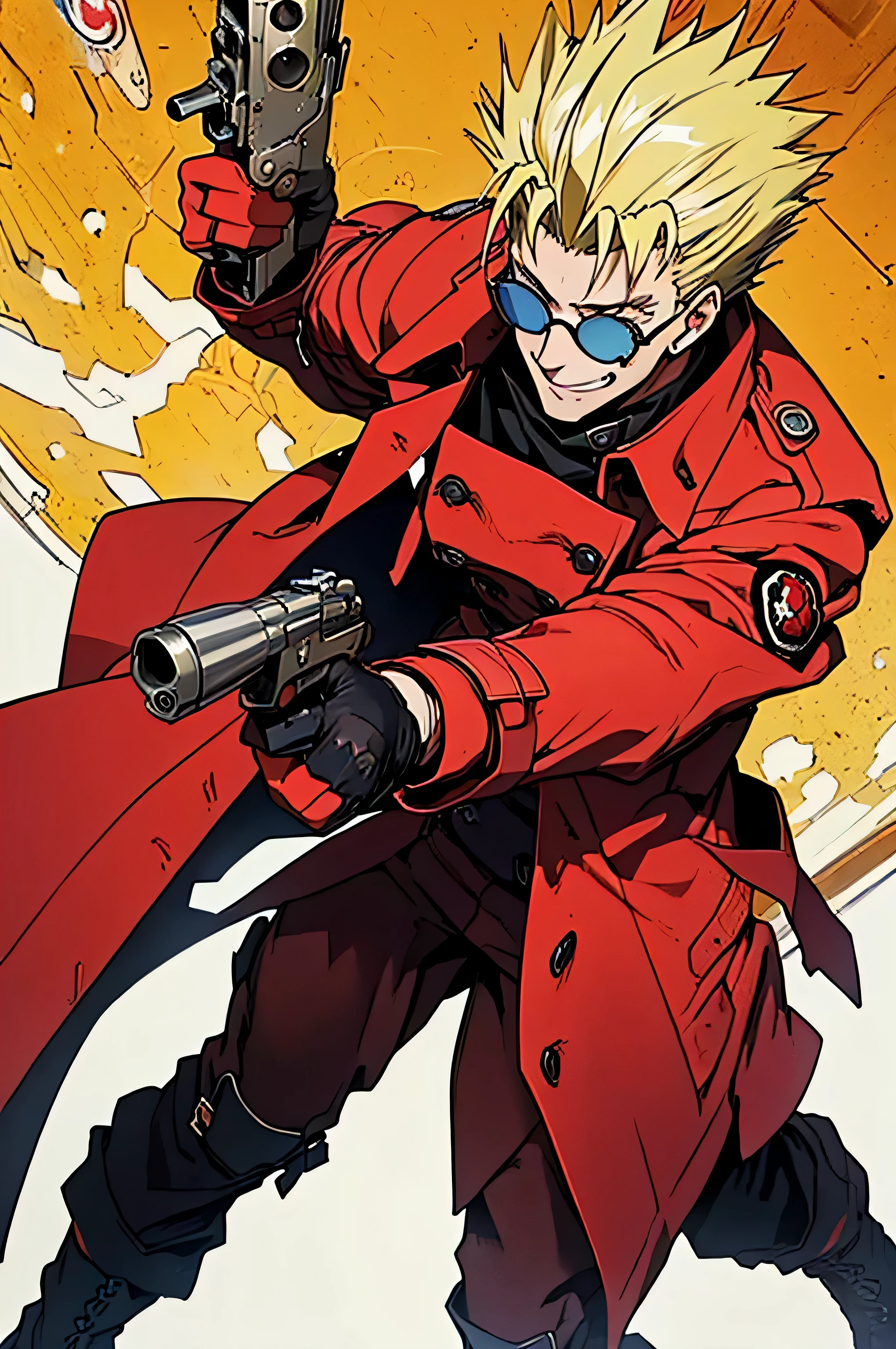 (masterpiece:1.4), (highest quality:1.4), (High resolution:1.4), anatomically perfect body, (Very grinning expression), (Vash Stampede), yellowい髪, blue eyes, (red trench coat), black pants, (Sunglasses with round lenses, yellow), loaded, big revolver gun, hard action pose