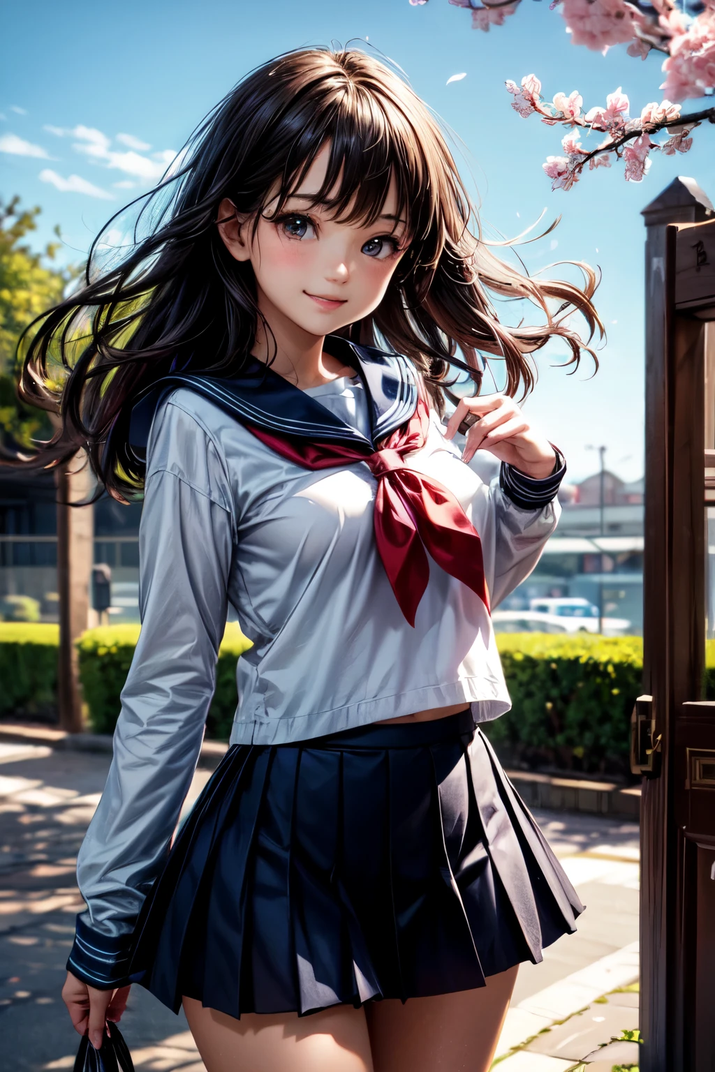 very cute and beautiful girl,(highly detailed beautiful face),
sailor ,long sleeve,(navy blue pleated mini skirt),
(smile),happy,looking at viewer,black hair,school entrance with stone gate,cherry blossom,
(best quality,masterpiece:1.2),absurdres,highres,ultra-detailed,extremely detailed,32k,8k resolution,
intricate details,cinematic scene,detailed background,solo,dynamic angle,
natural lighting,hair fluttering in the wind,beautiful detailed sky,
