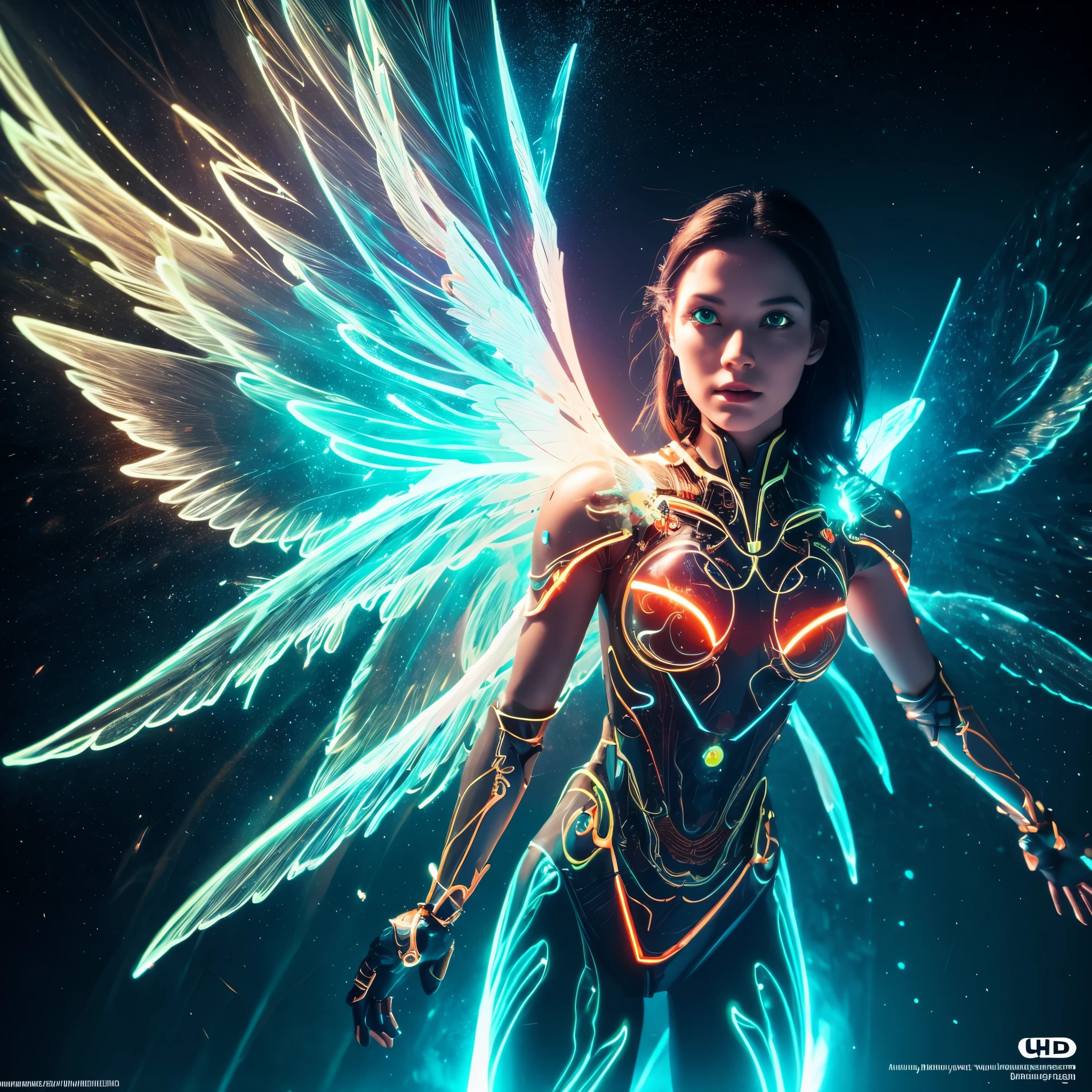 Cosmic Fallen Angel, glowing light eyes, Biomechanical, eerie, Creepy, nightmarish, Very bright colors, Light particles, with light glowing, Mshiff, wallpaper art, UHD wallpaper