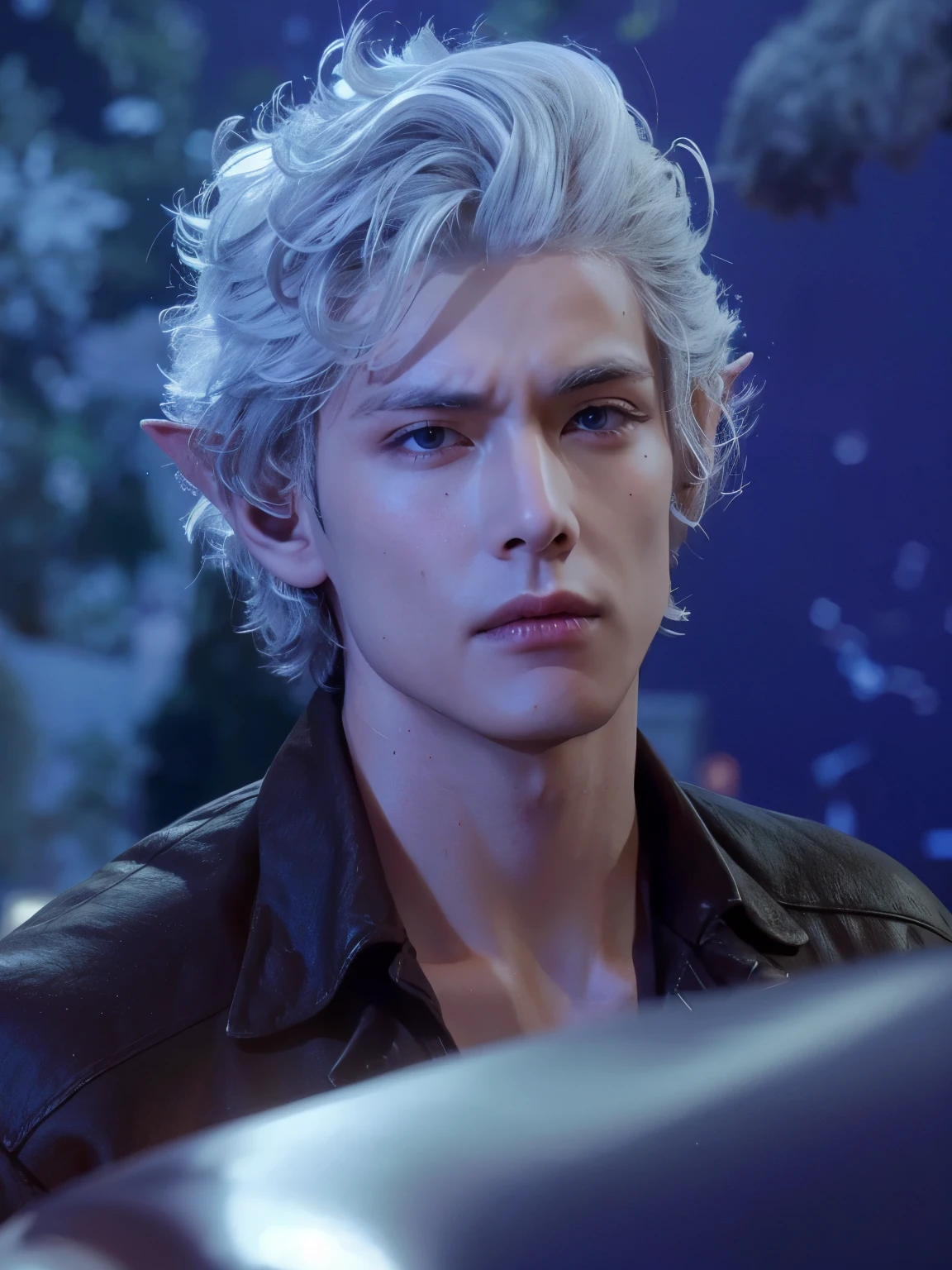 there is a man with white hair and a brown shirt, johan liebert mezclado con dante, v del diablo puede llorar como un elfo, Vergil de Devil May Cry, aguas sagradas in style of wlop, a portrait of un elfo macho, aguas sagradas, Elfo macho de piel plateada, un elfo macho, Cinematic close-up of the bust.