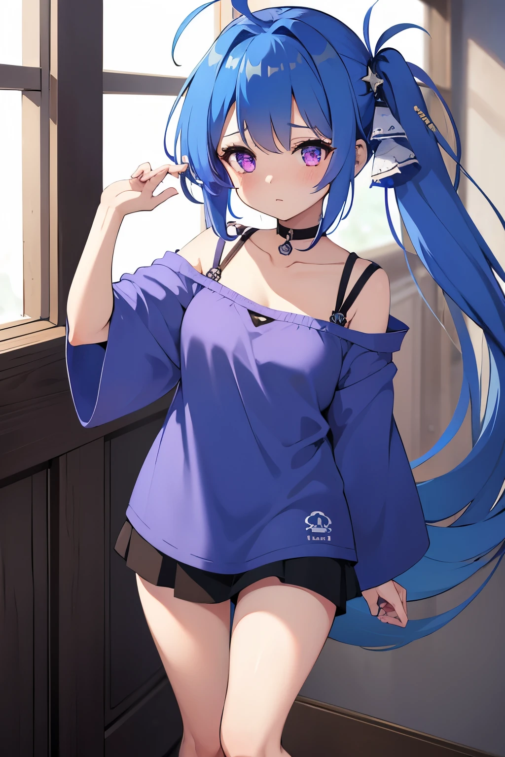 1girl,solo,helena (azur lane),blue_hair,very_long_hair,ahoge,purple_eyes,bangs,collarbone,blush,sidelocks,hair_between_eyes, casual outfit, oversized shirt, blue shirt, bare legs, hair ornament, standing, side ponytail