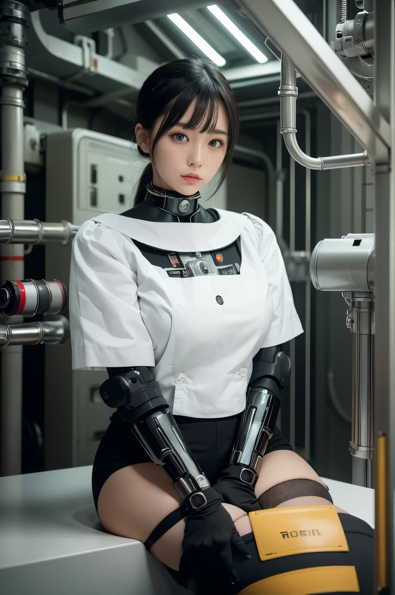 masterpiece, best quality, extremely detailed,8k portrait,Japaese android girl,Plump,control panels,android,Droid,Mechanical Hand, Robot arms and legs, Black hair,Blunt bangs,perfect robot girl,long tube,thick cable connected her neck,perfect android girl,android assembly plant,connecting a cable between the legs,white robot body,hotpants,darkblack knee high socks,blue eyes,