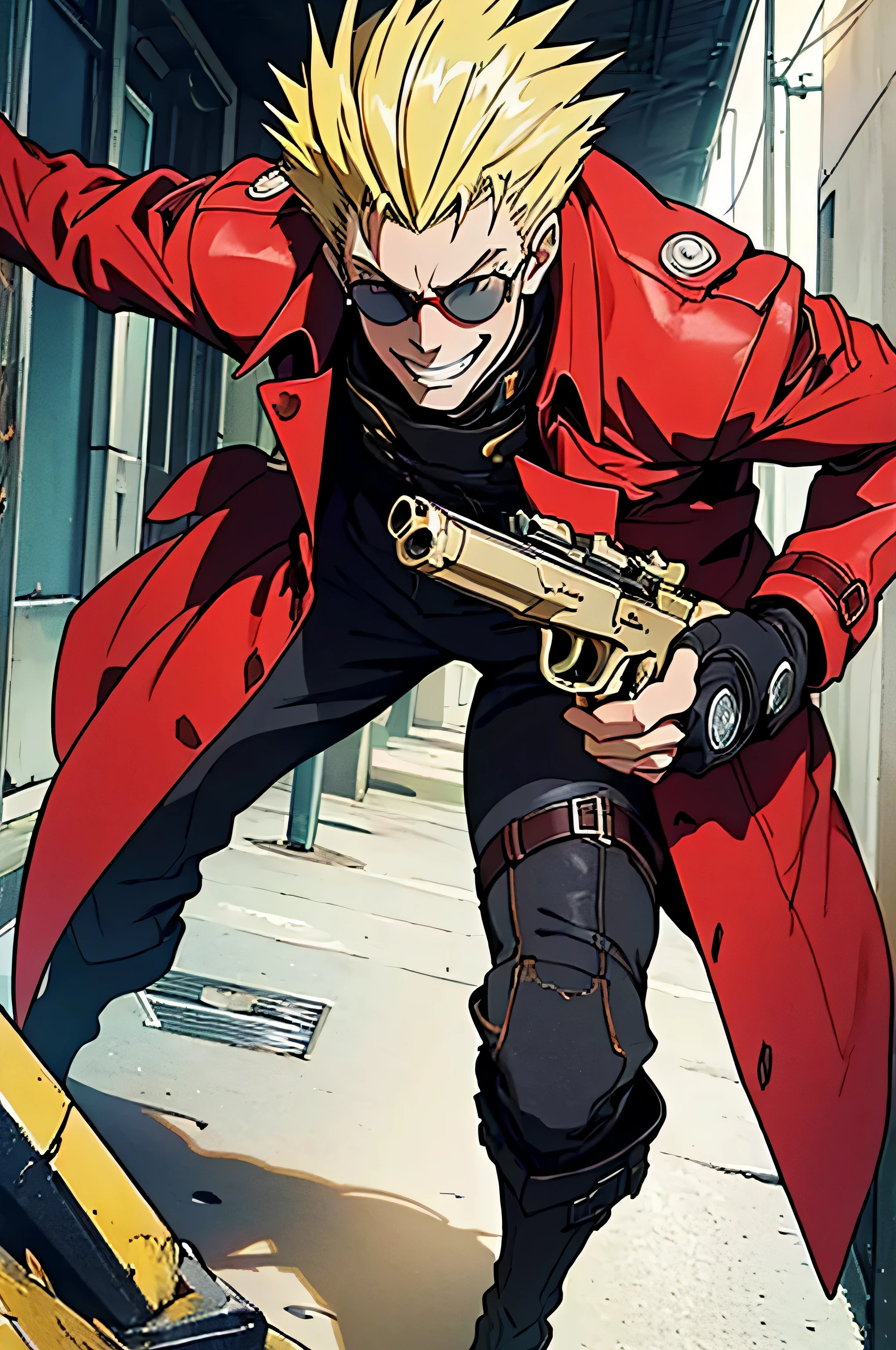 (masterpiece:1.4), (highest quality:1.4), (High resolution:1.4), anatomically perfect body, (Very grinning expression), (Vash Stampede), yellowい髪, blue eyes, (red trench coat), black pants, (Sunglasses with round lenses, yellow), loaded, big revolver gun, hard action pose, Escape, 
