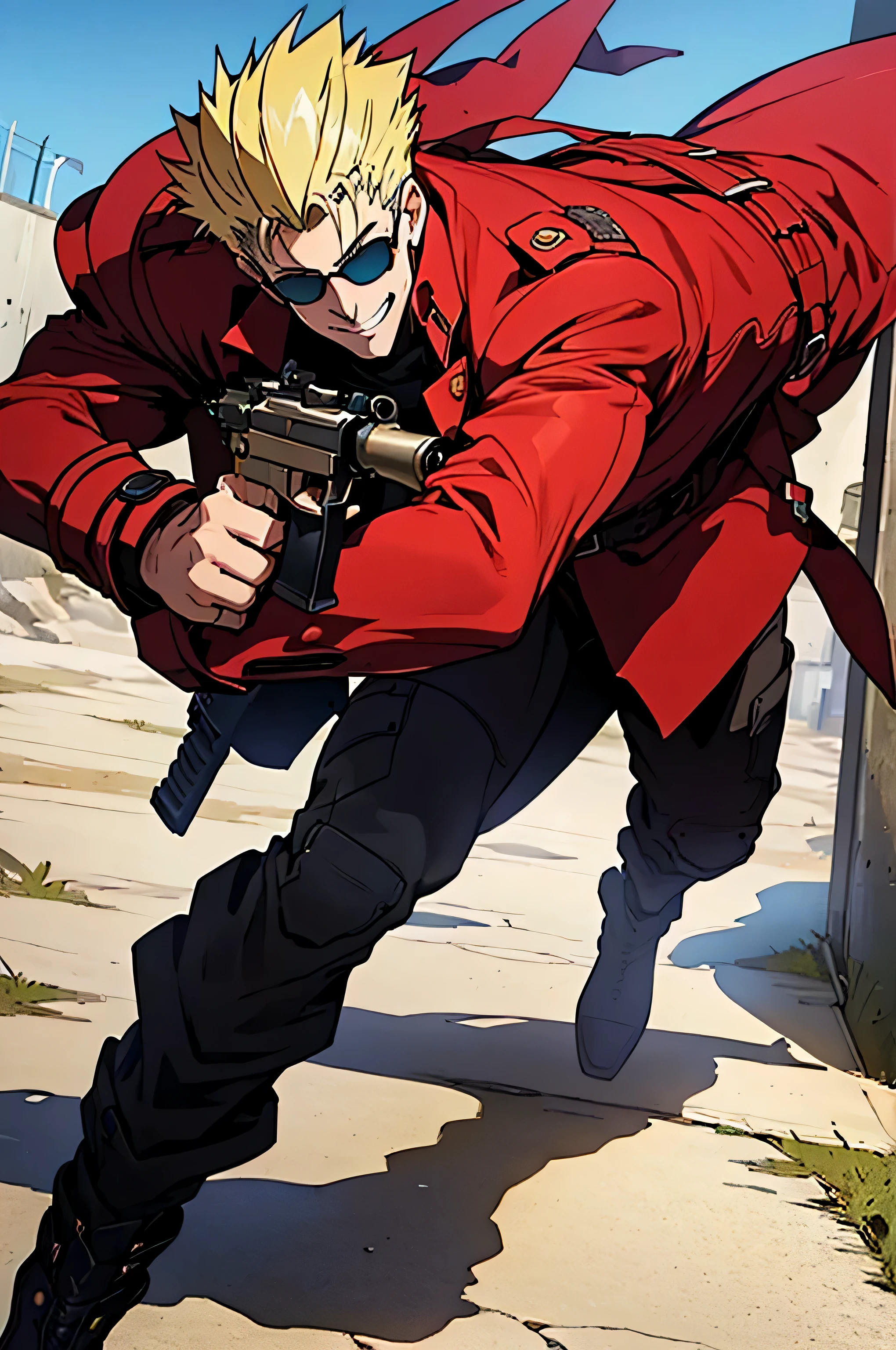 (masterpiece:1.4), (highest quality:1.4), (High resolution:1.4), anatomically perfect body, (Very grinning expression), (Vash Stampede), yellowい髪, blue eyes, (red trench coat), black pants, (Sunglasses with round lenses, yellow), loaded, big revolver gun, hard action pose, Escape, 
