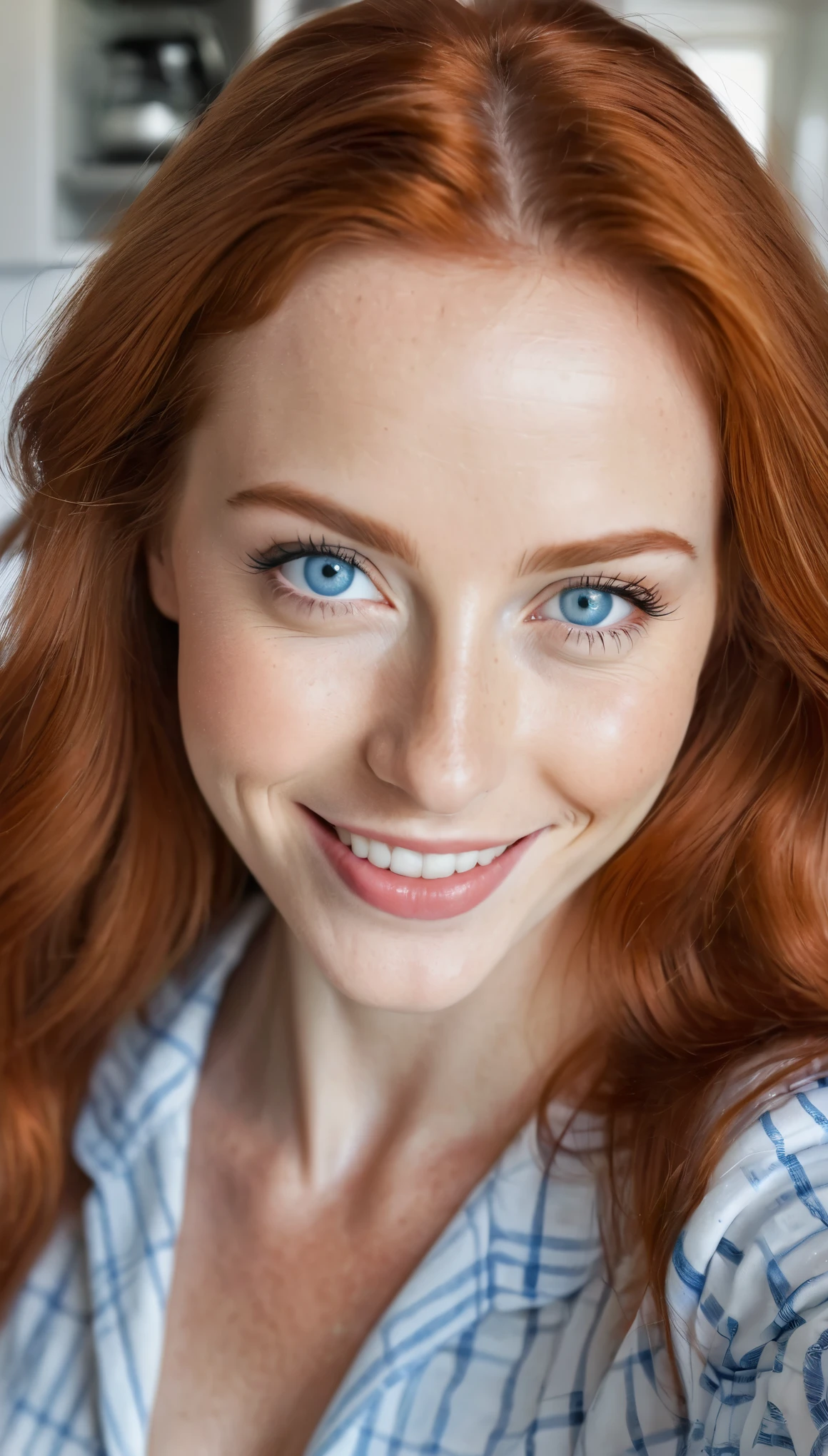 A selfie of a beautiful 25 year old woman with long red hair, bright blue eyes and a gentle smile. detailed hands. In the foreground a woman is standing in the kitchen and has a coffee cup in her hand. Strukturierte Haut, Kurven, perfekte Figur, big (Slight décolleté). She is wearing pajamas. In the background a modern kitchen with white cupboards and white wall tiles. Selfie, Fotorealistisch, Lowlight, schnelle Belichtungszeit, mittlere Blende, sehr kleine Brennweite.