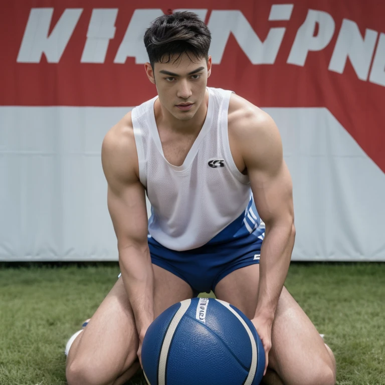 A man stands on the grass, Muscular!!, a Muscular, 8k 50mm ISO 10, 🚿🗝📝, Okan            , wearing volleyball jersey, k hd, advertisement picture, professional sports style, Wearing NBA jersey, Muscular!, , Muscular!!!188cm!Single Eyelids！（（35yo ！）） with short brown hair ！and a short beard, Only shorts！(Show hairy chest muscles), ), (Use a short beard,) headspace！Charming and serious look, （（Stand on the basketball court））, Muscular！, Close shave and secure fit, (High quality, photorealistic image),！ ((quality, 8K, tmasterpiece), super k hd photos, (Details on the face, skin textures, Ultra-detailed body:1.1)High body hair！A high resolution, tmasterpiece, muscular、Short hair details、NSFW、Spacious size、Correct limb sculpting fingers）The skin is really dark！The skin is real！Authentic texture、Camera close to the ground！！Straw sandals background scatter 1.2) training , 16k resolution , ultra-high clarity , hyperrealism, uhd ,  (bare thighs ) , sexy , NSFW , eroticism , seduction, exposed skin , exposed thighs , puffy nipples , seduction