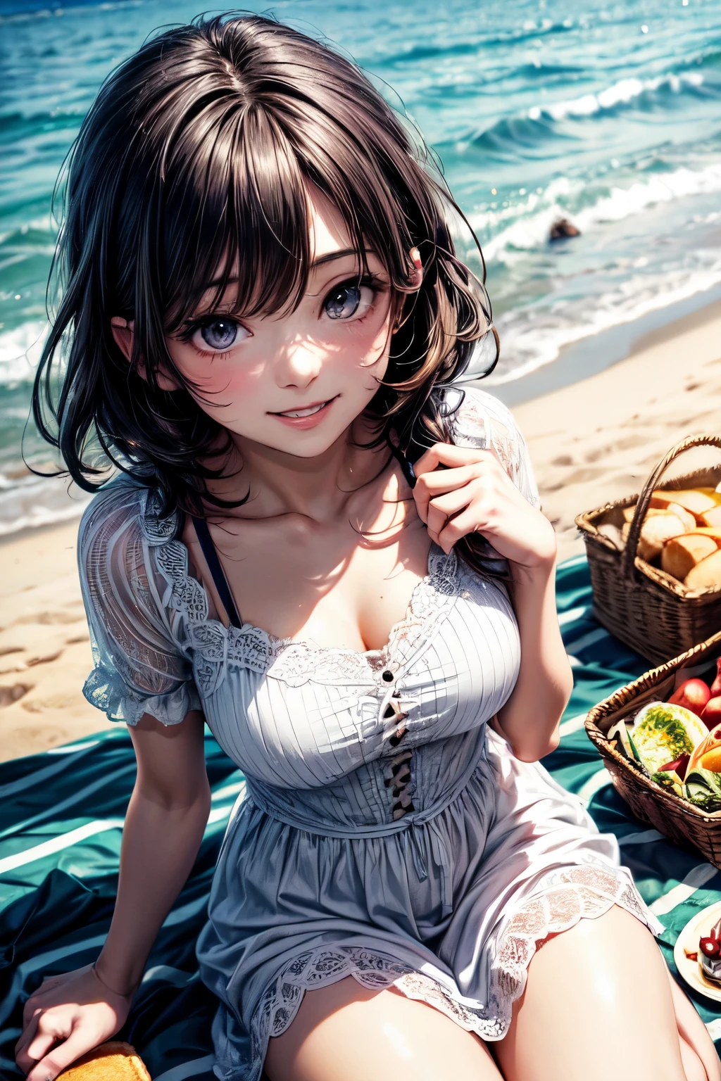 very cute and beautiful girl,white sun dress with detailed frills,(highly detailed beautiful face),
laugh,(smile),black hair,sitting on picnic sheet,beach,picnic basket,sandwiches,(from above),
(best quality,masterpiece:1.2),absurdres,highres,ultra-detailed,extremely detailed,32k,8k resolution,
intricate details,cinematic scene,detailed background,solo,dynamic angle,
natural lighting,hair fluttering in the wind,beautiful detailed sky,