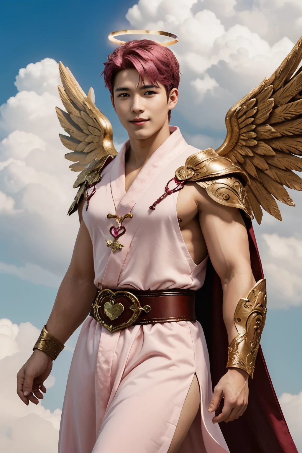 Photo of a man wearing cupid costume, (pink hair), wings, flying, halo, (pink toga robe), armor, (surrounded by clouds), ethereal, (seductive smile:0.6), jewelry, heart, harness, realistic, masterpiece, intricate details, detailed background, depth of field