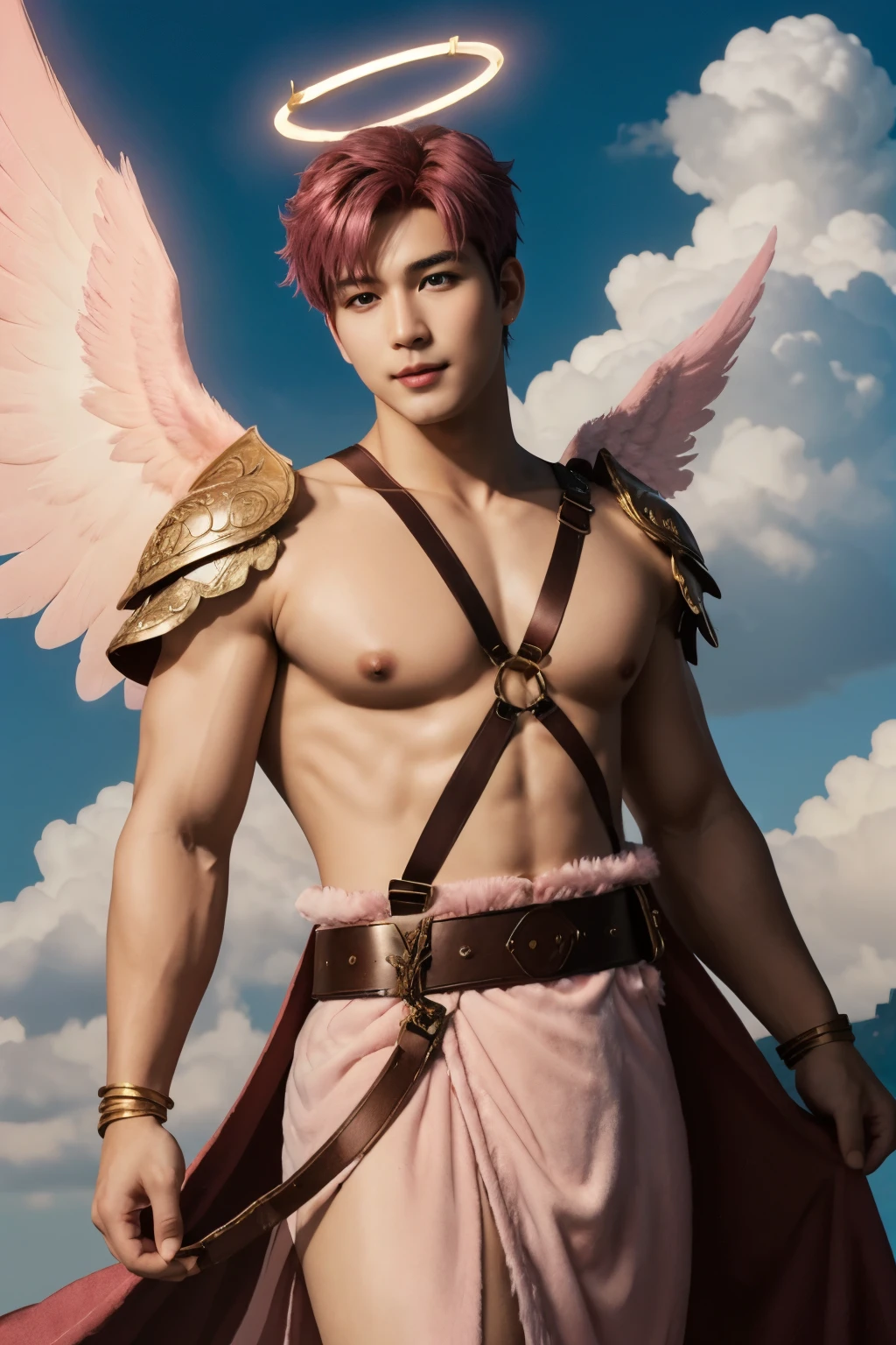 Photo of a man wearing cupid costume, (pink hair), wings, flying, halo, (pink toga robe), armor, (surrounded by clouds), ethereal, (seductive smile:0.6), jewelry, heart, harness, realistic, masterpiece, intricate details, detailed background, depth of field