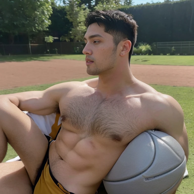 A man stands on the grass, Muscular!!, a Muscular, 8k 50mm ISO 10, 🚿🗝📝, Okan            , wearing volleyball jersey, k hd, advertisement picture, professional sports style, Wearing NBA jersey, Muscular!, , Muscular!!!188cm!Single Eyelids！（（35yo ！）） with short brown hair ！and a short beard, Only shorts！(Show hairy chest muscles), ), (Use a short beard,) headspace！Charming and serious look, （（Stand on the basketball court））, Muscular！, Close shave and secure fit, (High quality, photorealistic image),！ ((quality, 8K, tmasterpiece), super k hd photos, (Details on the face, skin textures, Ultra-detailed body:1.1)High body hair！A high resolution, tmasterpiece, muscular、Short hair details、NSFW、Spacious size、Correct limb sculpting fingers）The skin is really dark！The skin is real！Authentic texture、Camera close to the ground！！Straw sandals background scatter 1.2) training , 16k resolution , ultra-high clarity , hyperrealism, uhd ,  (bare thighs ) , sexy , NSFW , eroticism , seduction, exposed skin , exposed thighs , puffy nipples , seduction