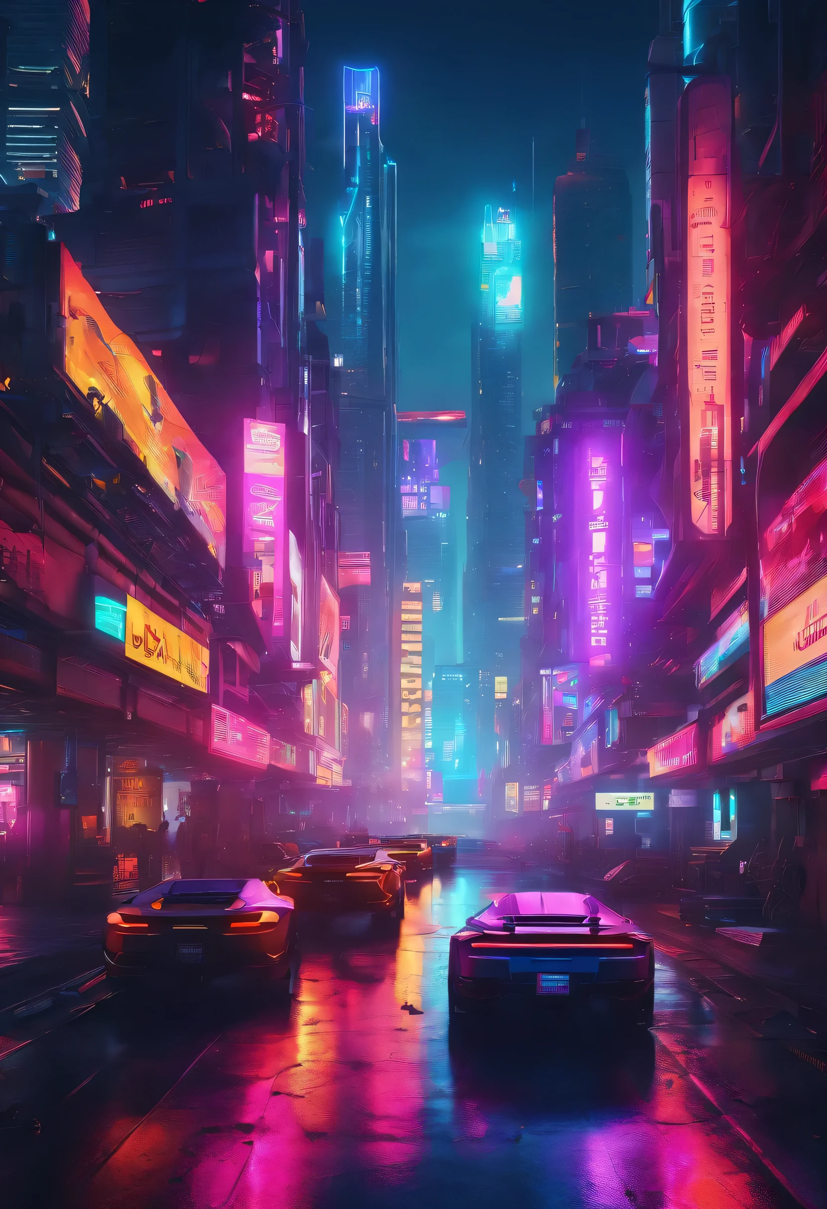 Futuristic city with cybernetic cars and light panels and many glowing buildings in very realistic 8K photos