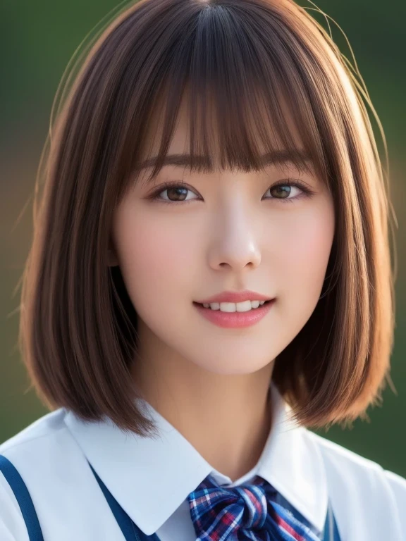 masterpiece、close up of face、front-facing view、a Japanese young pretty woman、(Bouncing cheerfully)、Gorgeous figure、Wearing a short-sleeved white collared shirt and shiny red satin plain bow tie、Wearing a blue tartan plaid skirt、absolutely pretty face、shiny lip、Double eyelids in both eyes、Natural makeup、 long eyeslashes、shiny smooth light brown hair of medium length,、asymmetrical bangs、skin tanned、Alone in the classroom、、Headframe、image in center、8K resolution、high detal、detailed hairstyle、A detailed face、spectacular movie lighting、octane renderings、with a vibrant、Ultra-realistic、Perfect limbs、perfect anatomia、short-hair、full bodyesbian