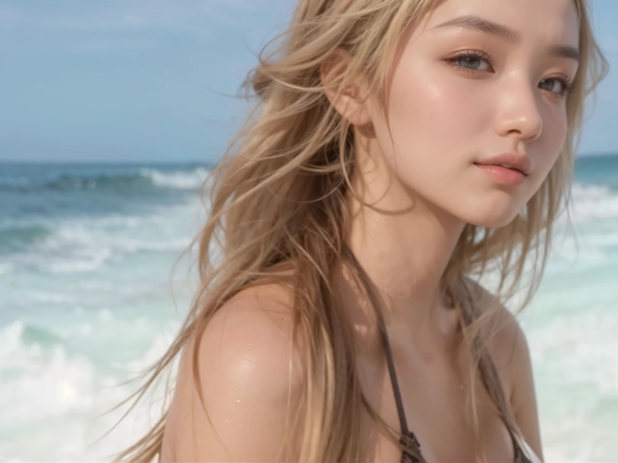 ((Highest quality, 8k, masterpiece :1.3)), Sharp focus :1.2, Beautiful woman with perfect figure :1.4, Slim Abs :1.2, ((, Emphasize cleavage:1.otorealistic:1.4), (realistic:1.4), Highly detailed face and skin texture, Fine grain, double eyelid. Makeup face. A little bit of lipstick, necklace, Earrings, sex appeal, Sexy grre pose, ((Axy beauty in a black bii、She is posing sexy on the beach。Blonde wavair。:1.3)