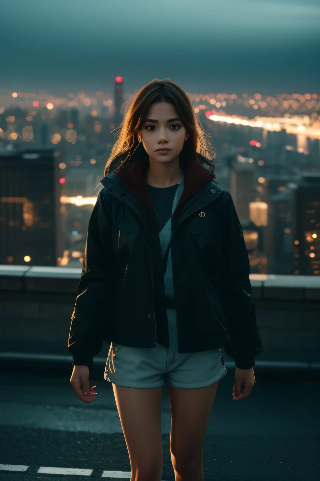 girl holding someone&#39;hand, with the city in the background, rain, clothing jacket and shorts, high background detail, close-up

