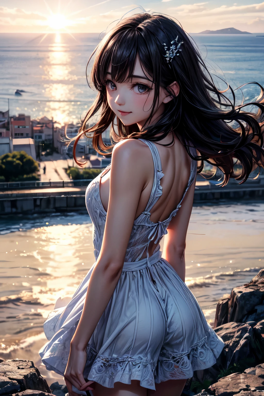 very cute and beautiful girl,teen,white sun dress with detailed frills,(highly detailed beautiful face),
walking slopy pathway to hilltop,(sea side Mediterranean cityscape),distant harbor,beautiful summer sky,
cowboy shot,(smile),(looking back,from behind),wavy black hair,dynamic angle,looking at viewer,
(best quality,masterpiece:1.2),absurdres,highres,ultra-detailed,extremely detailed,32k,8k resolution,
intricate details,cinematic scene,detailed background,solo,dynamic angle,
natural lighting,hair fluttering in the wind,