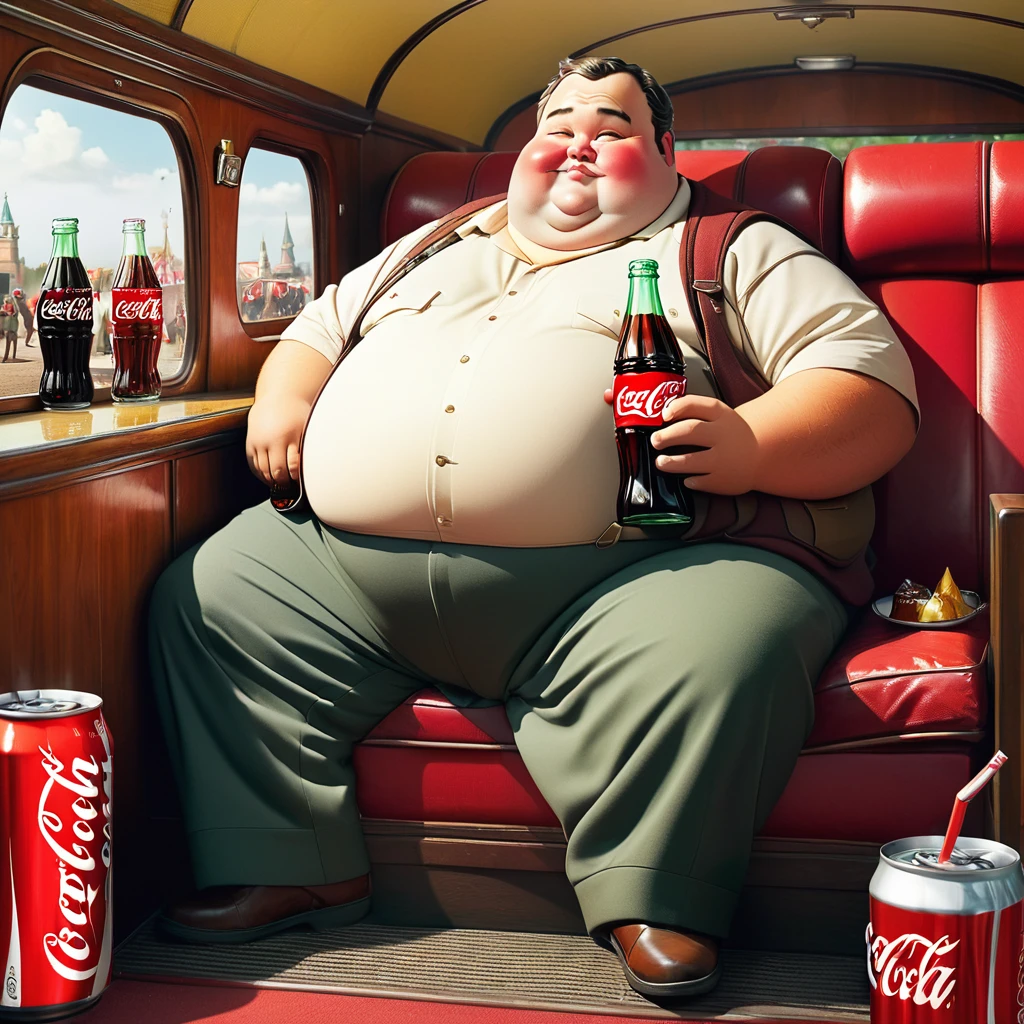 masterpiece, high quality, a fat men, really fat, sit in the coach, drinking coca cola, high quality image 8k