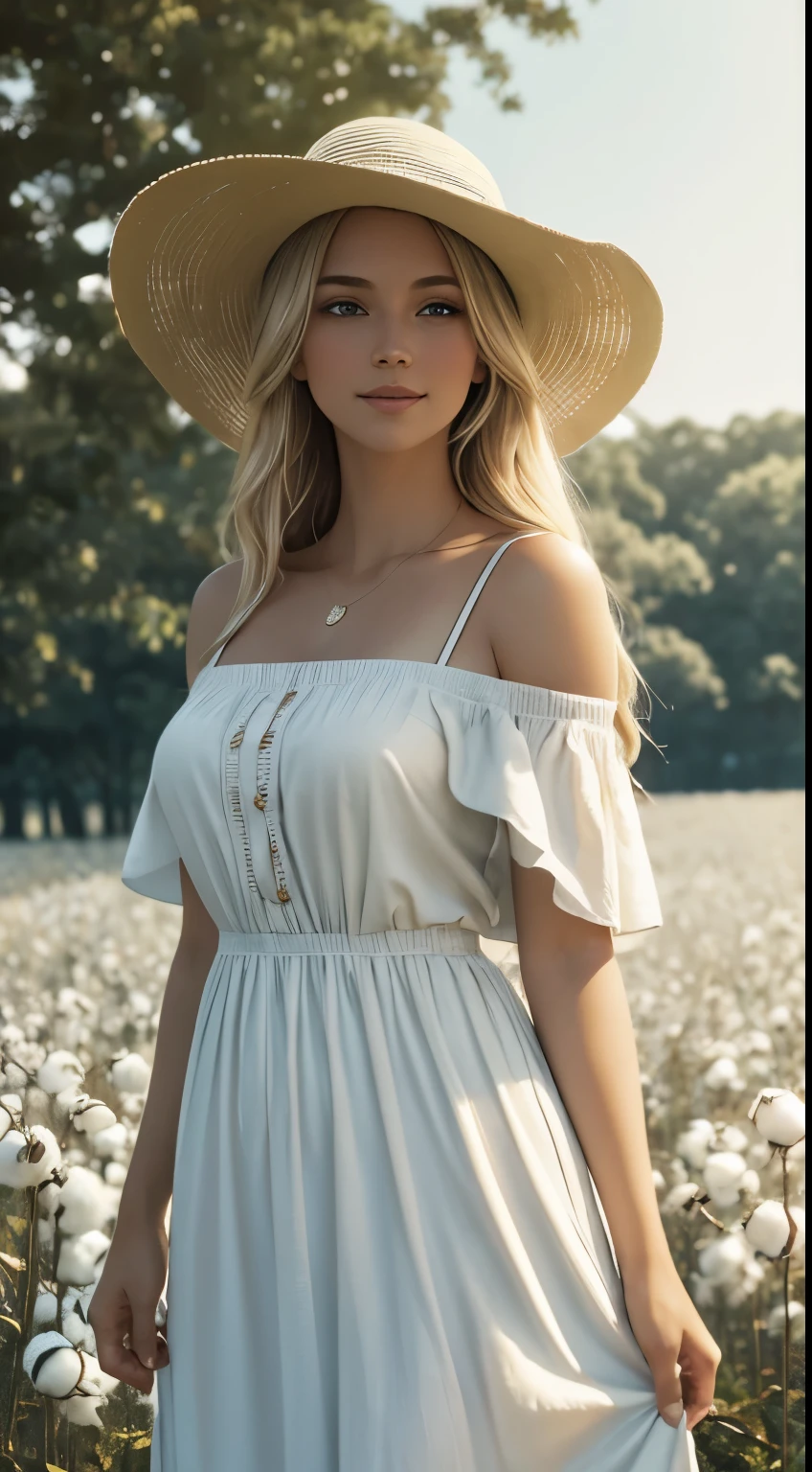 Of course! Let's start with Alabama:
**Alabama:**
- Character: Savannah, a southern belle with long, cascading blonde hair that shines in the sunlight, framing her heart-shaped face. Her eyes are a striking shade of sapphire blue, reminiscent of the clear Alabama skies. She has a small, delicate nose and full, rosy lips that curve into a warm, inviting smile.
- Ethnicity: Caucasian
- Body Type: Savannah has a classic hourglass figure, with curves in all the right places. She's not overly thin but has a healthy, voluptuous frame.
- Pose: Savannah is standing gracefully in a vast cotton field, one hand gently brushing against the soft white cotton bolls. She wears a flowing, off-the-shoulder sundress in a pastel hue that complements her fair skin tone. A wide-brimmed straw hat adorns her head, casting a shadow over her face and adding a touch of southern charm.
- Camera Angle: The camera captures Savannah from a slightly elevated angle, showcasing the endless rows of cotton plants stretching into the distance behind her. The sunlight filters through the leaves, creating a warm, golden glow that envelops the scene.
- Instagram Color Filter: To enhance the nostalgic, dreamy vibe of the photograph, a vintage-inspired filter is applied, saturating the colors slightly and adding a soft, warm tint to the image.