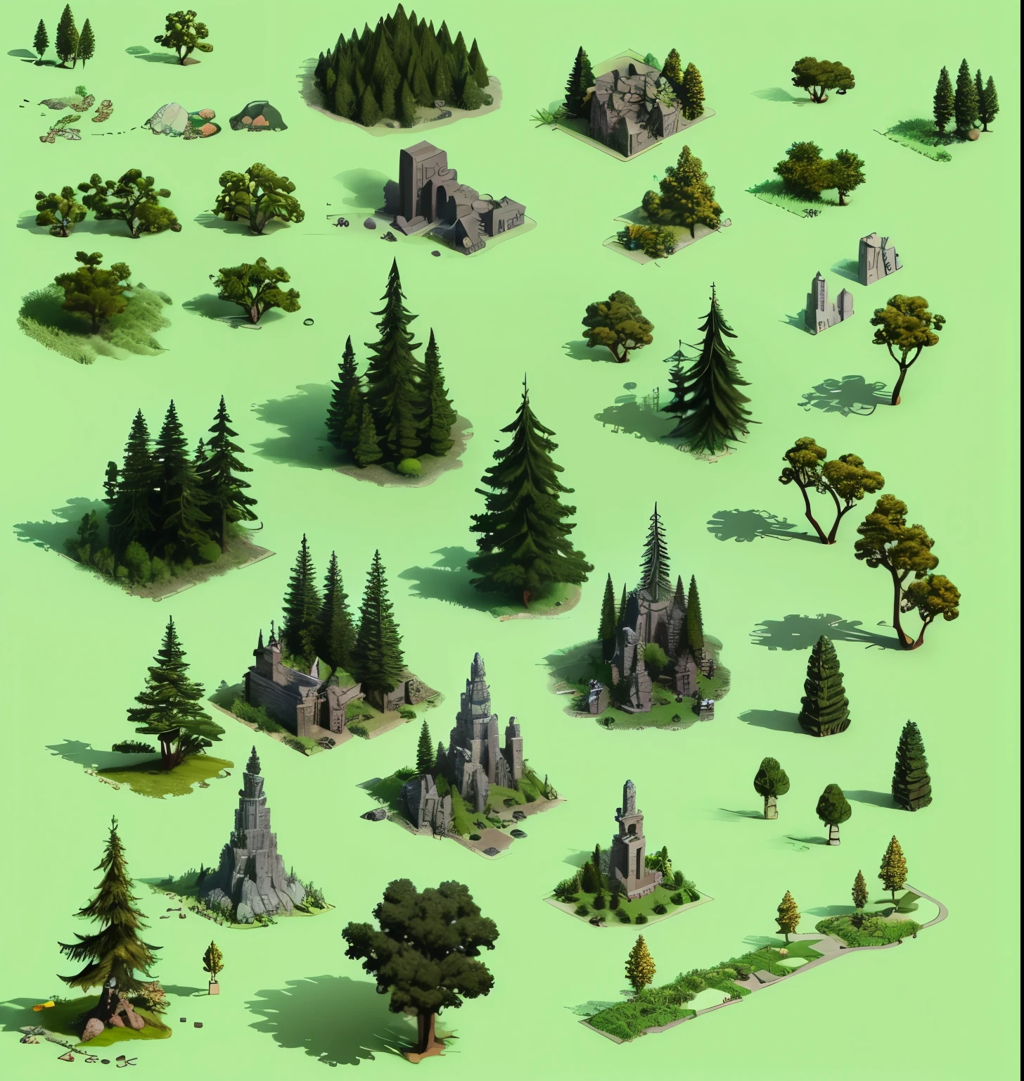 trees, corner top view, High detail, isometric video game scene, dark fantasy, cubic. isometric_Parameter