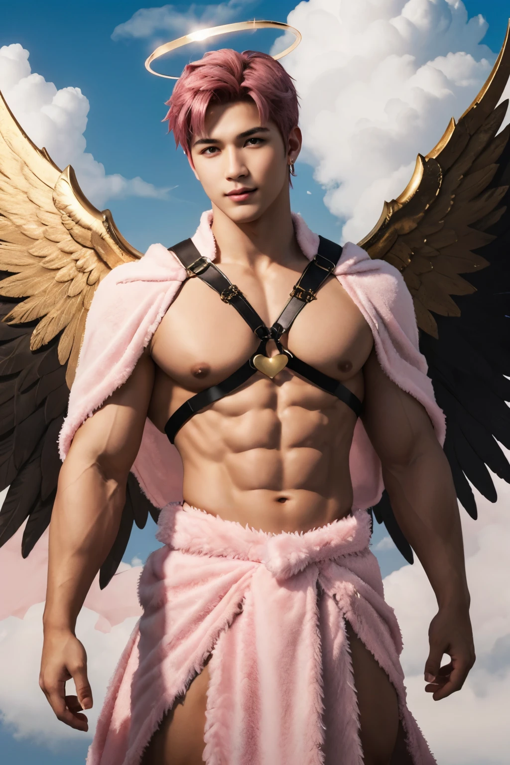 Photo of a muscular boy wearing cupid costume, (pink hair), wings, flying, halo, (pink toga robe), armor, (surrounded by clouds), ethereal, (seductive smile:0.6), jewelry, heart, harness, realistic, masterpiece, intricate details, detailed background, depth of field