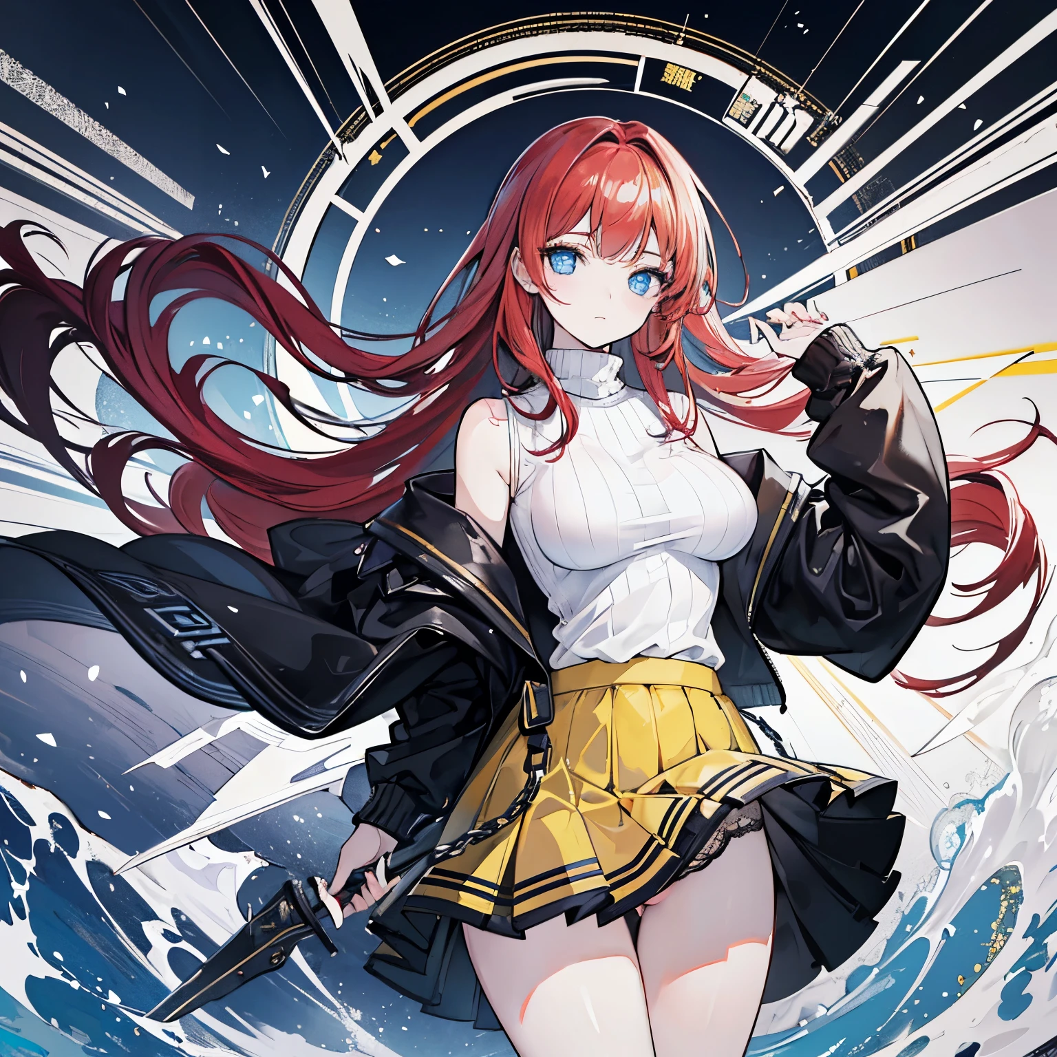 (absurderes,A high resolution,Hyper-detailing,hdr) ,younger girl,masterpiece,best qualtiy,1 person,solo,beautiful,Blue eyes,Fine eyes and detailed face,Black turtleneck sweater, yellow jacket, yellow skirt, big breasts,Raised sexy,Female,feminine appeal,Female characteristics are distinct,Long wavy red hair,Arrogant,self-assured,white pantie,beautiful,