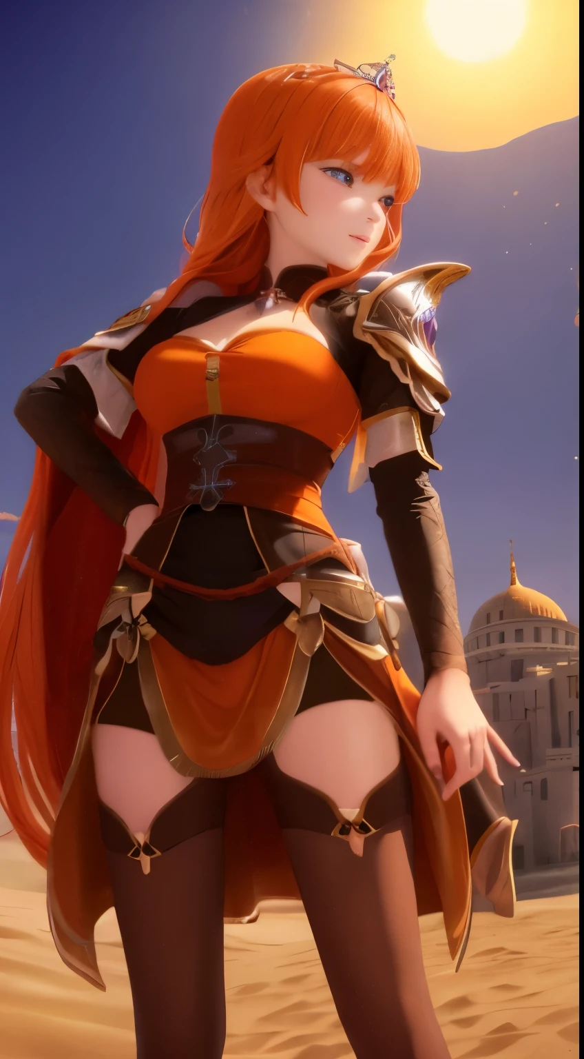 Masterpiece, best quality, solo, 1girl with orange hair and blue eyes, :D, wearing an orange dress, stands before a vast expanse of sand dunes, looking directly at the viewer, outdoors. The intricately detailed castle in the distance, towering with a grandiose crown atop, adds to the breathtaking scenery. Her hands are placed casually on her hips, bringing an alluring confidence to the otherwise tranquil scene. (8k, hyper-detailed anime style)