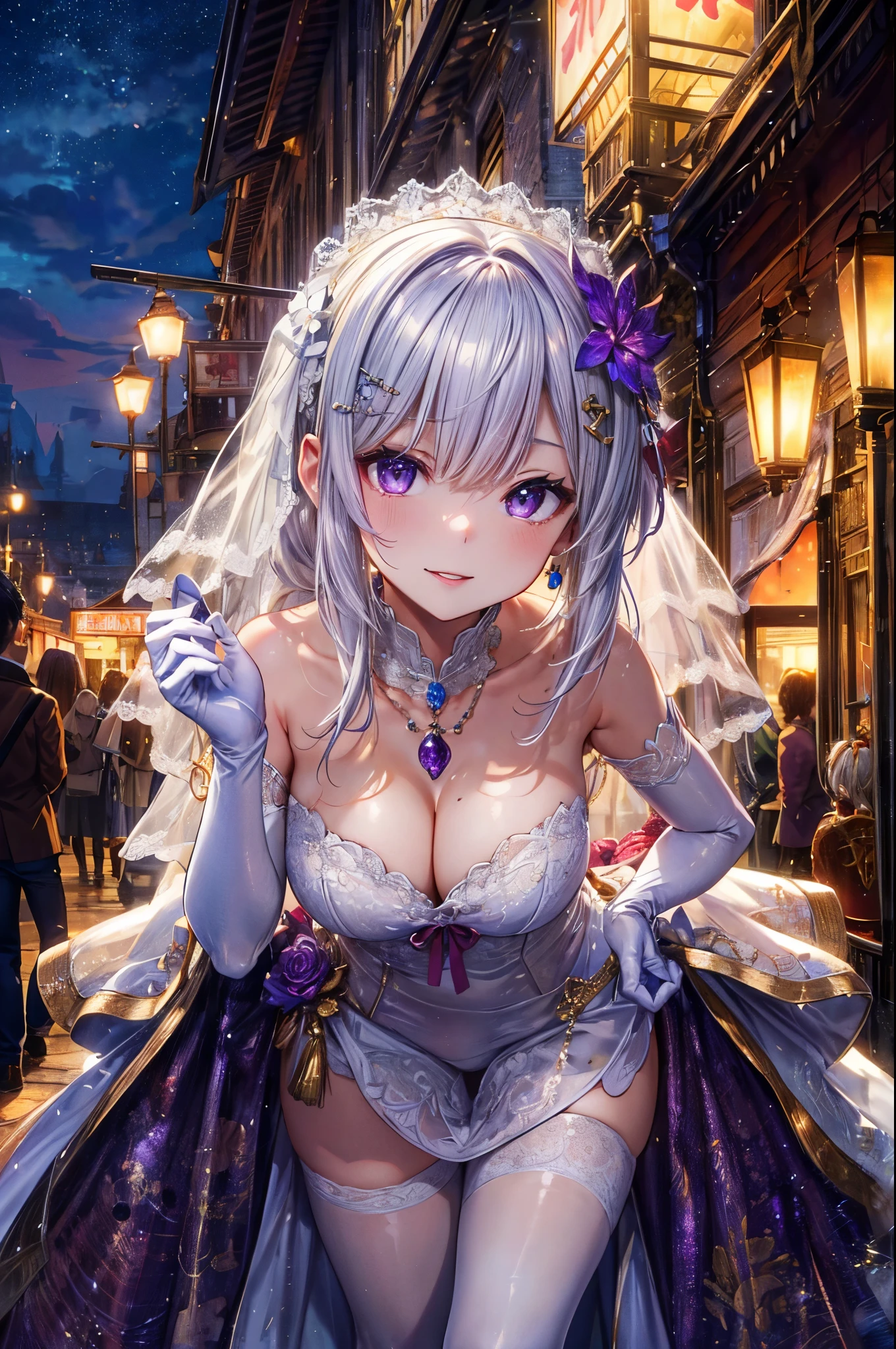 (masterpiece, best quality:1.3), (absurdres absolutely resolution), (8k), (detailed beautiful face and eyes), (detailed illustration), (super fine illustration), (vibrant colors), (professional lighting), nice hands, perfect hands, BREAK,
cinematic angle, (close-up, leaning forward:1.3), BREAK,
(in danmachi style), (freya), 1woman, silver hair, purple eyes, (pale skin), shiny hair, very long hair, (big eyes:1.2), (parted coral lips), BREAK, (visible nipples:0.7), (camel toe:0.5),
(seductive smile:1.3), (wearing white Silk slender line wedding dress:1.3), (white opera gloves:1.3), (white hair ornament:1.3), Open Neck, (Gorgeous amethyst necklace:1.3), BREAK,
(night:1.3), indoors, (A dinner party with many dishes from the palaces of the fantasy world), (magnificent view), (cinematic lighting:1.2), (depth of field), hanging lantern, painting, chandelier,
