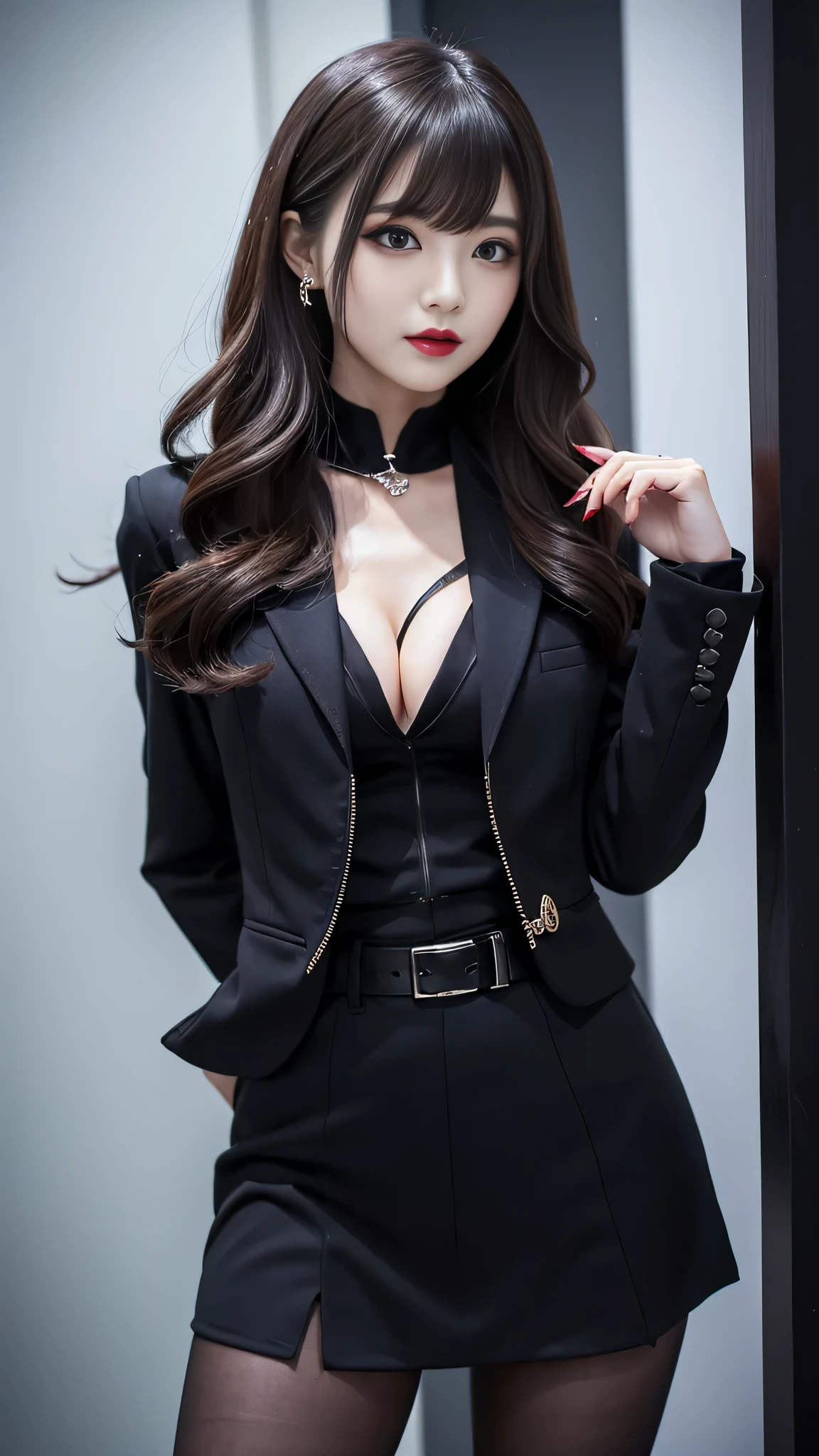 Super detailed、Japanese、charming beauty、seductive adult woman、Beautiful woman、sharp eyes、cool girl、wavy hair、flowing bangs、suit、Jacket、blouse、Tight Skirt、pantyhose、beautiful feet、evilの幹部、evil depravity、brainwashing、Mind control、lipstick、lip gloss、grin、evilな表情、evil、empty eyes、evil、night walk、vampire、Succubus、vampire、Possessed and turned black、makeup brush