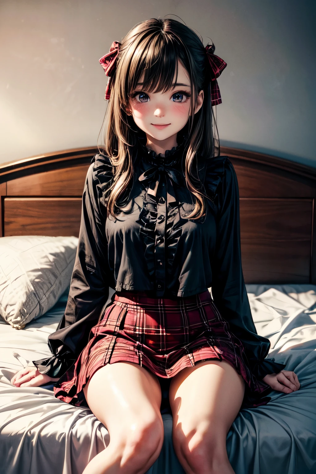 very cute and beautiful girl,(highly detailed beautiful face),(smile),blush,looking at viewer, (white blouse with detailed frills),long sleeve BREAK sitting on white bed sheet,spread legs,(white panties), hair ribbon,black hair,(scarlet plaid mini skirt) BREAK antique bed room,window,distant trees and town, (best quality,masterpiece:1.0),absurdres,highres,ultra-detailed,extremely detailed,32k,8k resolution, intricate details,cinematic scene,detailed background,solo,dynamic angle,