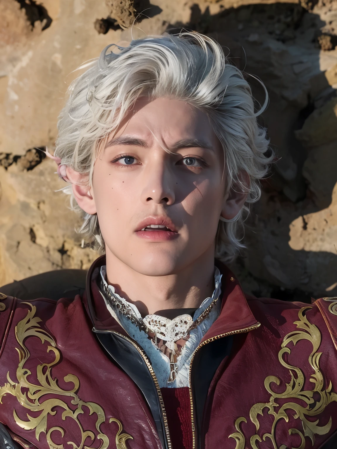 un primer plano de una persona con cabello blanco y una chaqueta roja, johan liebert mezclado con dante, hijo de sparda, aguas sagradas, personaje de cerca, virgilio, aguas sagradas in style of wlop, v del diablo puede llorar como un elfo, un elfo macho, mario como el brujo, virgilio from devil may cry