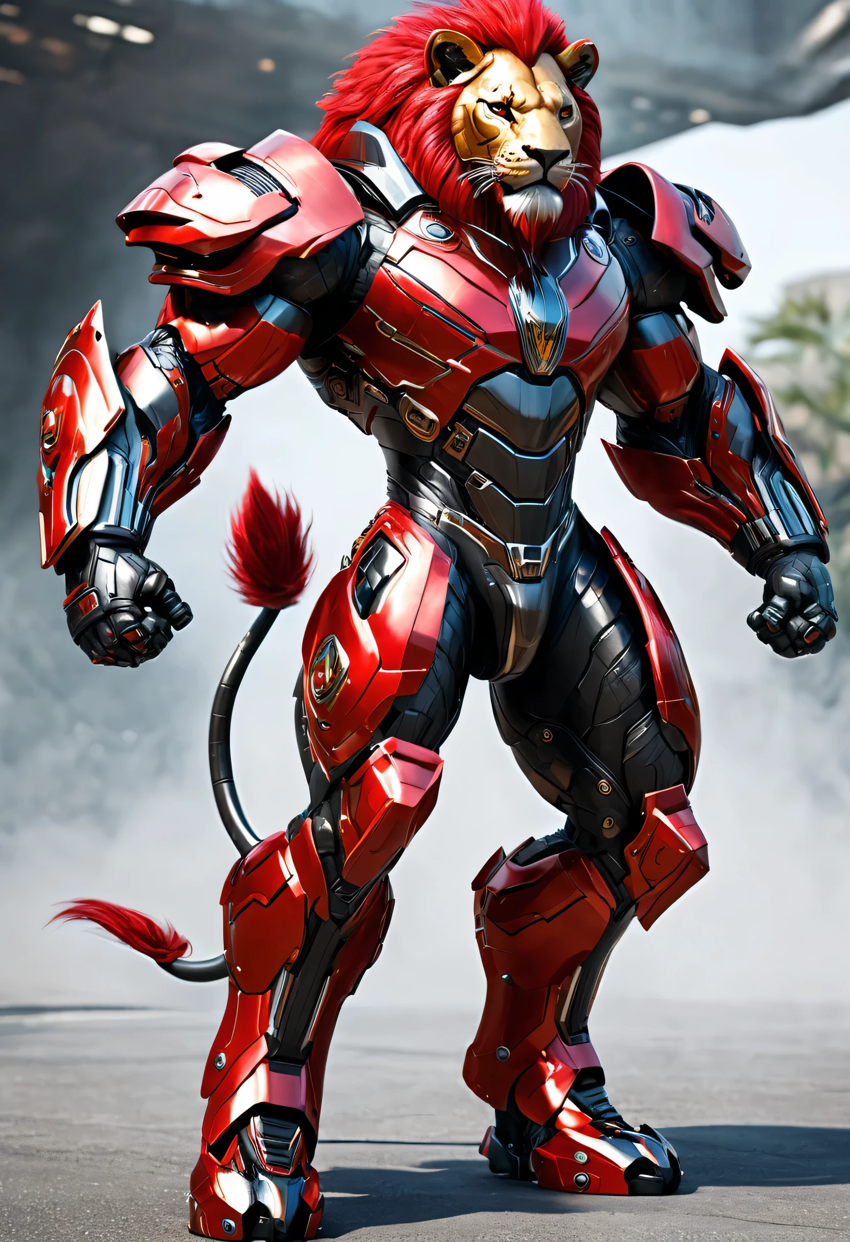 personagem, a lion with a super muscular body, with super strength, wearing futuristic combat armor with metallic parts in red with black details,