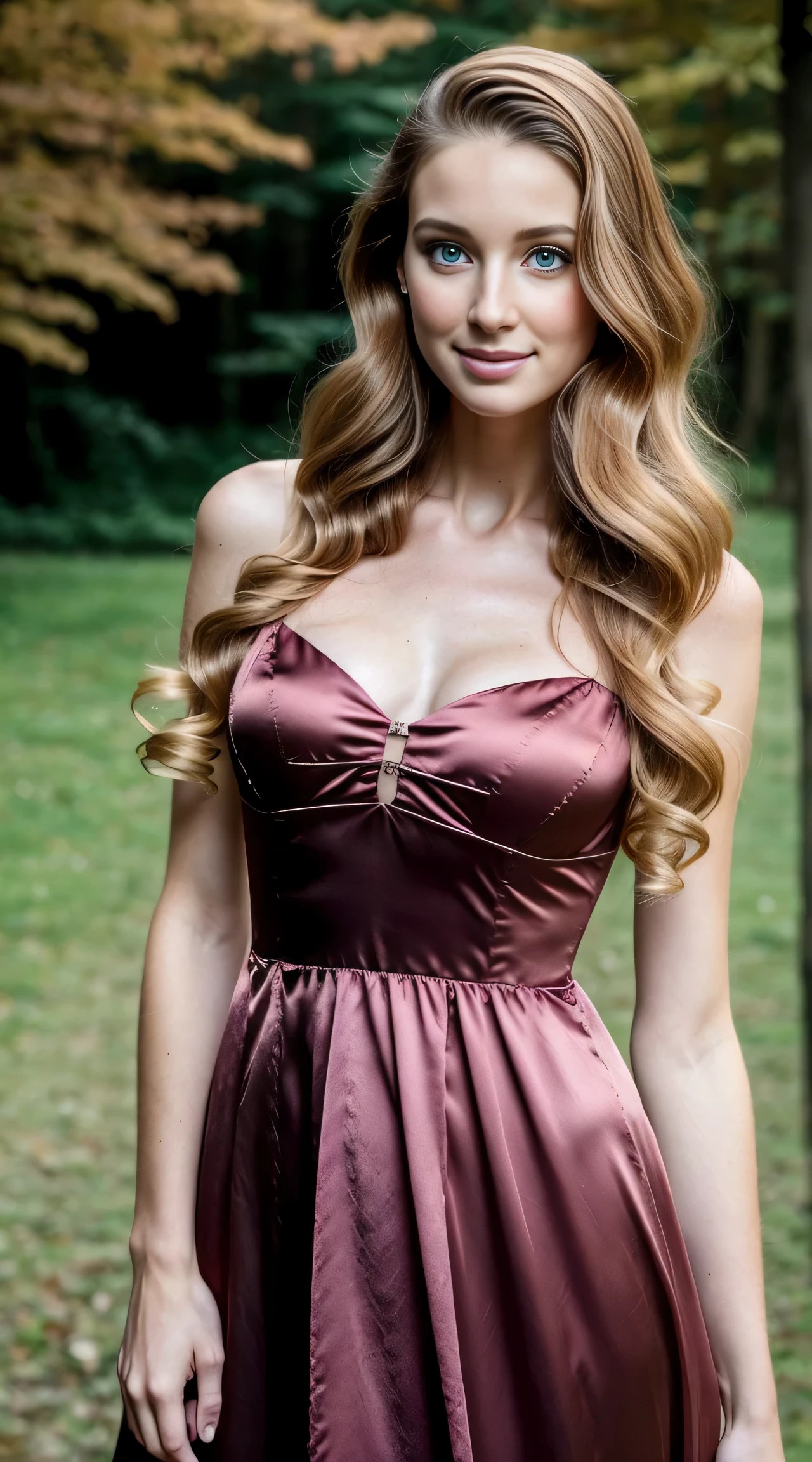 30 year old woman, very curvery, small waist line with large breasts, and large hips, pale skin tone, very long legs, freckles on face, sharp cheek bones, big, brown eyes with very large lips, cherry blonde/red thick, ,long, very tight curley hair, very large, bright smile, thin eye brows with round face, large nose , long neck, confident pose in a fairytale world and she is a princess. wearing a beautiful, goddess dress made of silk. She is modes