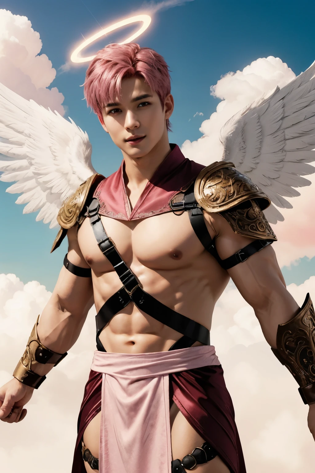 Photo of a muscular boy wearing cupid costume, revealing muscular body, (pink hair), wings, flying, halo, (pink toga robe), armor, (surrounded by clouds), ethereal, (seductive smile:0.6), jewelry, heart, harness, realistic, masterpiece, intricate details, detailed background, depth of field