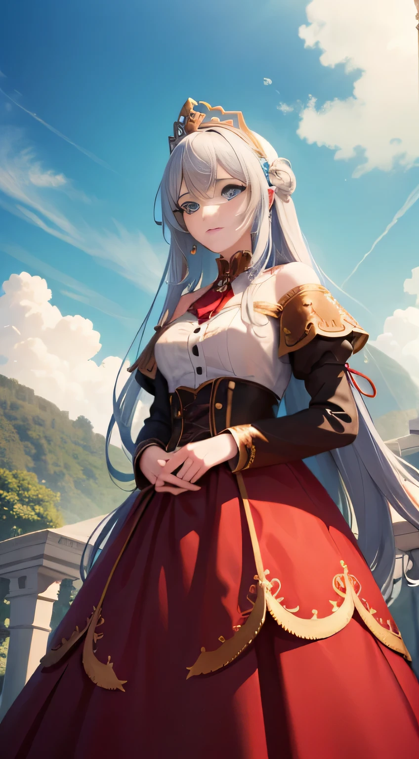 Behold the masterpiece of a scene, where highest quality unfolds in the quiet solitude of a vast meadow. A girl with chestnut hair cascading down her shoulders and piercing blue eyes captivates, dressed in a vibrant red dress that demands attention.
She stands tall, gazing directly at the viewer, her stance exuding seductive confidence. In the distance, an intricately detailed castle reigns supreme, its magnificent crown reaching towards the heavens. The scene is rendered in an ultra definition anime style, with meticulous attention paid to facial details and delicate patterns that capture the heart.
The tranquility of the outdoors frames this breaththtaking moment,