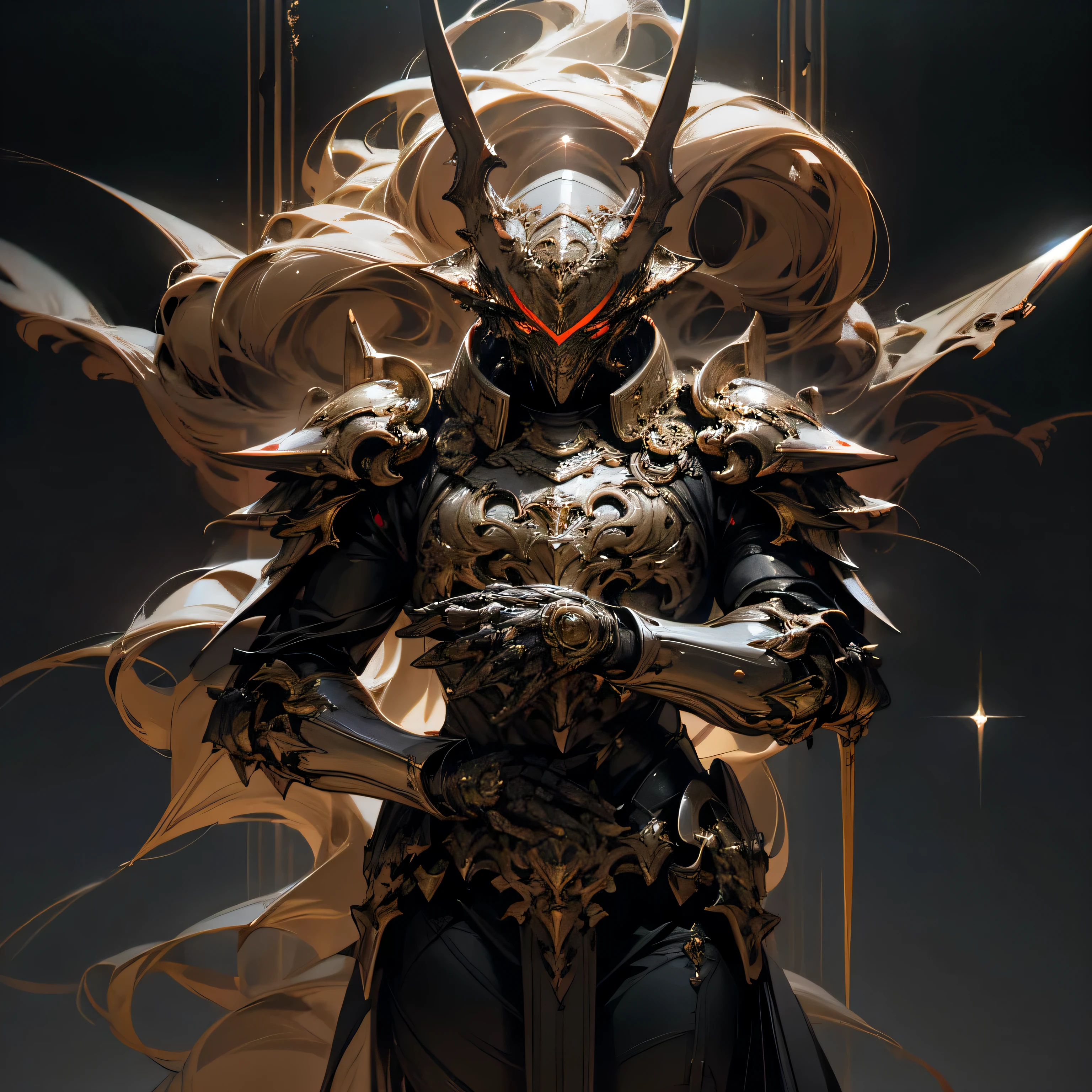 In Demonic crimson Armor, Full HD render + immense detail + dramatic lighting + well lit + black, character sheet, + fine esoteric symbolism | ultra - detailed realism, soft cinematic lighting, high - quality, engraved | highly detailed |digital painting, artstation, concept art, smooth, sharp focus, Nostalgic, ethereal, nebula, 8k, hyper detailed, intricate detail, photorealistic, space void galaxy universe