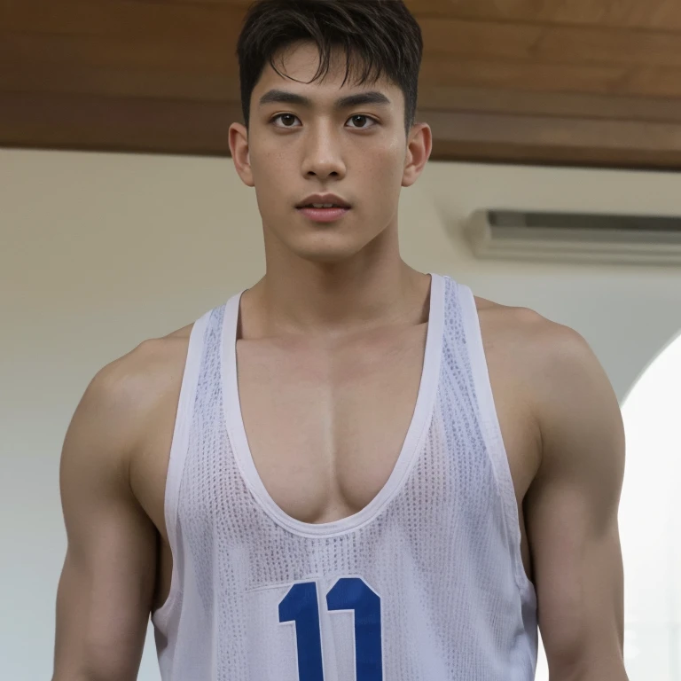 A man stands on the grass, Muscular!!, a Muscular, 8k 50mm ISO 10, 🚿🗝📝, Okan            , wearing volleyball jersey, k hd, advertisement picture, professional sports style, Wearing NBA jersey, Muscular!, , Muscular!!!188cm!Single Eyelids！（（35yo ！）） with short brown hair ！ Only string thong！(Show hairy chest muscles), ), (Use a short beard,) headspace！Charming and serious look, （（Stand on the basketball court））, Muscular！, Close shave and secure fit, (High quality, photorealistic image),！ ((quality, 8K, tmasterpiece), super k hd photos, (Details on the face, skin textures, Ultra-detailed body:1.1)High body hair！A high resolution, tmasterpiece, muscular、Short hair details、NSFW、Spacious size、Correct limb sculpting fingers）The skin is really dark！The skin is real！Authentic texture、Camera close to the ground！！Straw sandals background scatter 1.2) training , 16k resolution , ultra-high clarity , hyperrealism, uhd ,  (bare thighs )  