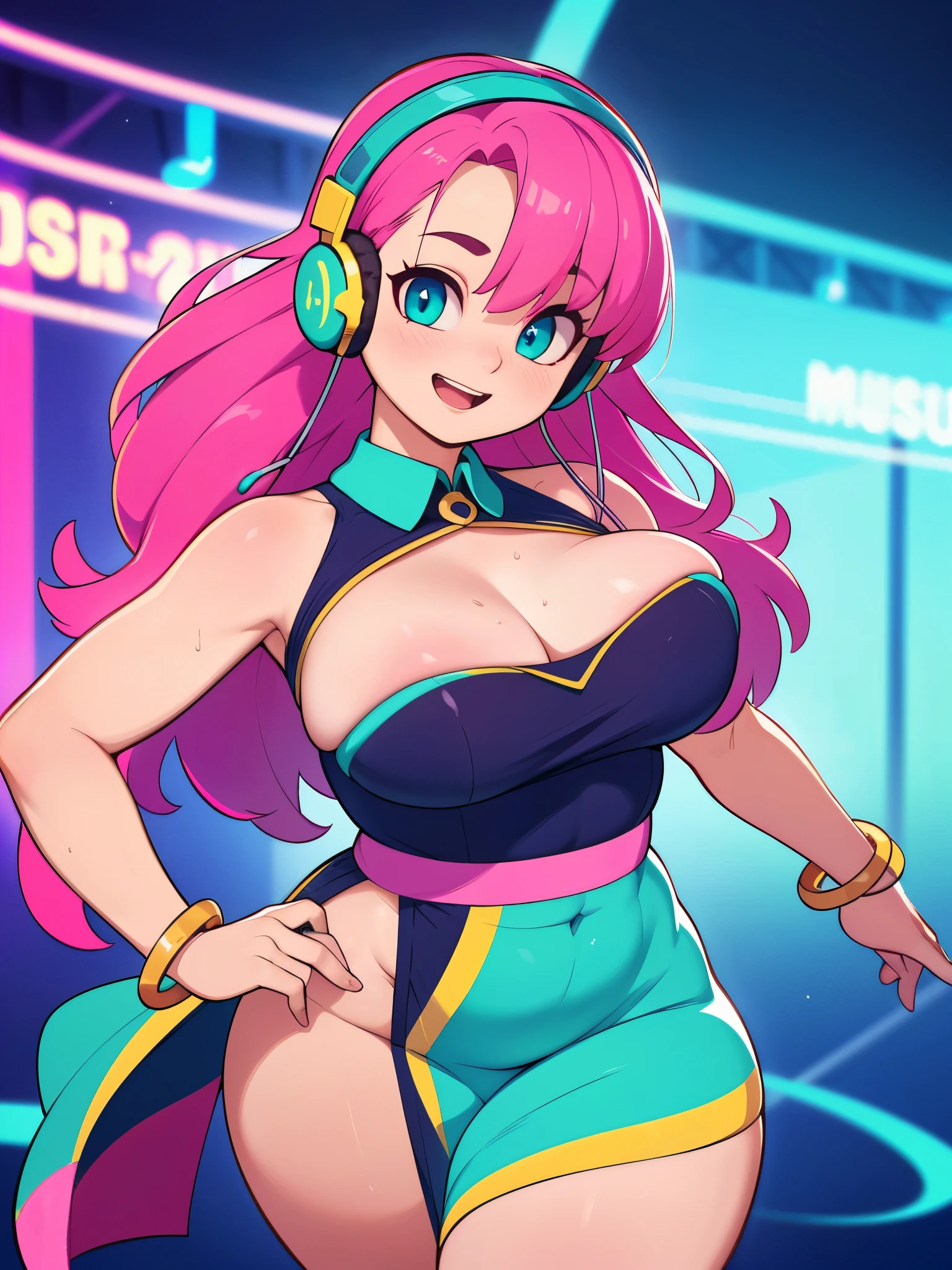 (best quality, highres, masterpiece:1.2), ultra-detailed, (realistic, photorealistic, photo-realistic:1.37), woman, mature, music notes, dancing, Joyful expression, Pink flowing hair, sparkling teal eyes, Music aura, instruments, headphones, Etheral, Stage, performance, Colorful outfit, jewellery, dance club, Musical aura, revealing clothes, busty, curvy,