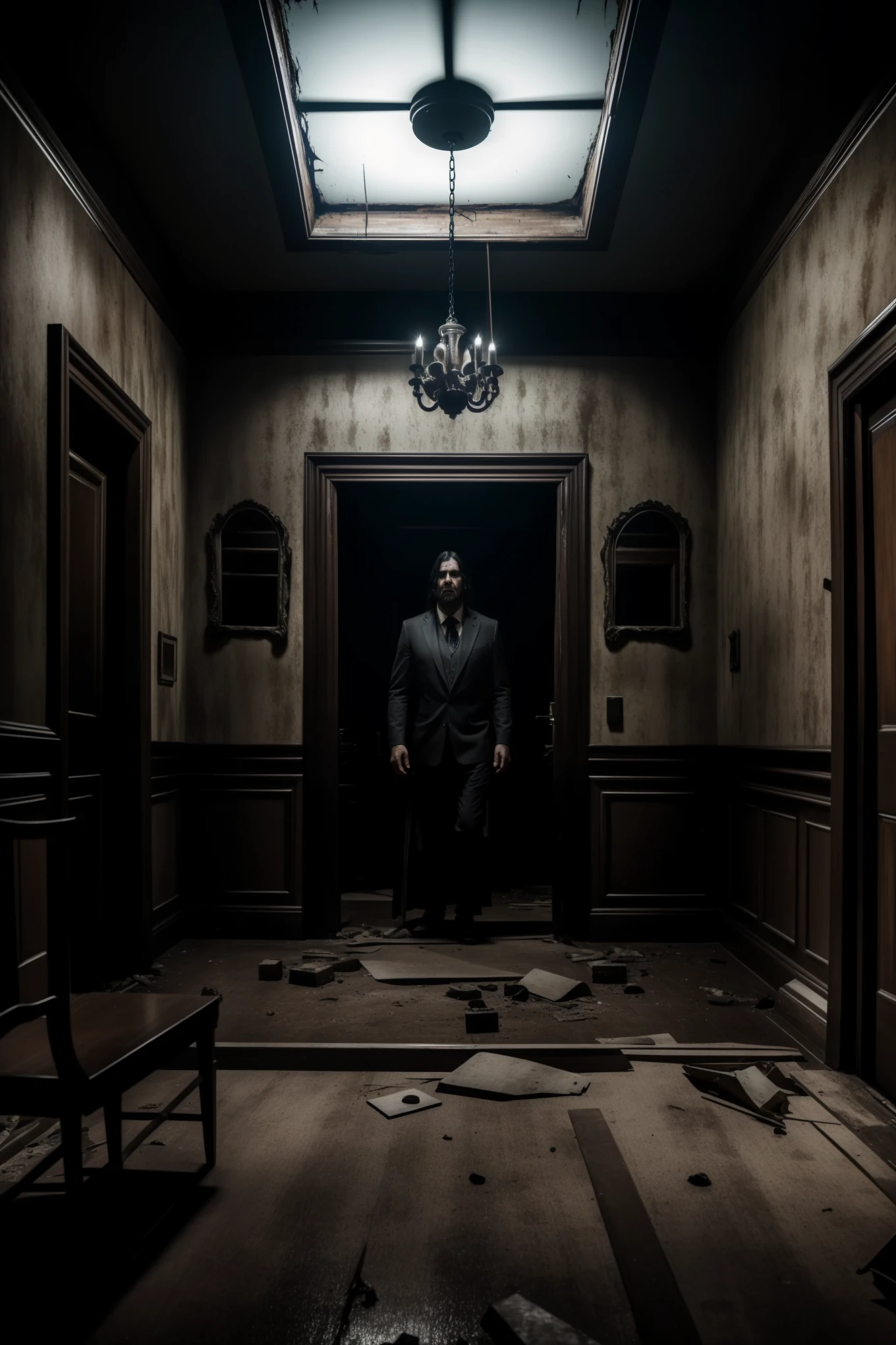 A chilling, cinematic image of a black-haired monster with a twisted, menacing face and long, flowing locks. In the background, the monster stands in a dimly lit, abandoned house, where the only source of light comes from a broken mirror with a blood-stained hand reaching out. The overall atmosphere is eerie and suspenseful, with a sense of impending doom hanging heavy in the air. The monster's eyes gleam with an otherworldly intensity, and its breathing can be heard echoing through the abandoned rooms. The image is captured in high definition, with every detail vividly brought to life - from the monster's grotesque features to the peeling wallpaper and