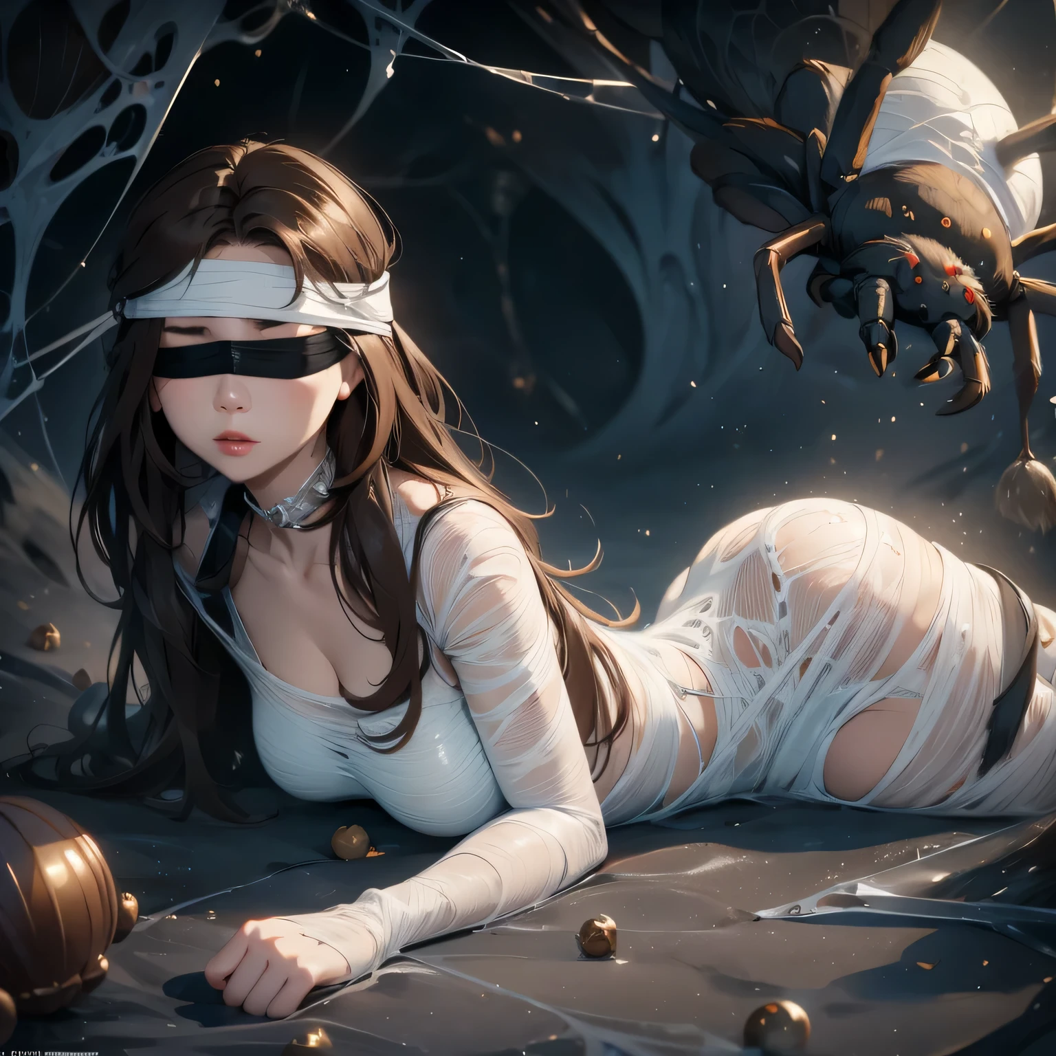 1girl,Spider weaves a net on a girl, very realistic, very detailed,bed,stretched, dark cave, struggle in the net,brown haired, very long sheer skirt,lying down,(blindfold:1.4),(ballgag:1.4)