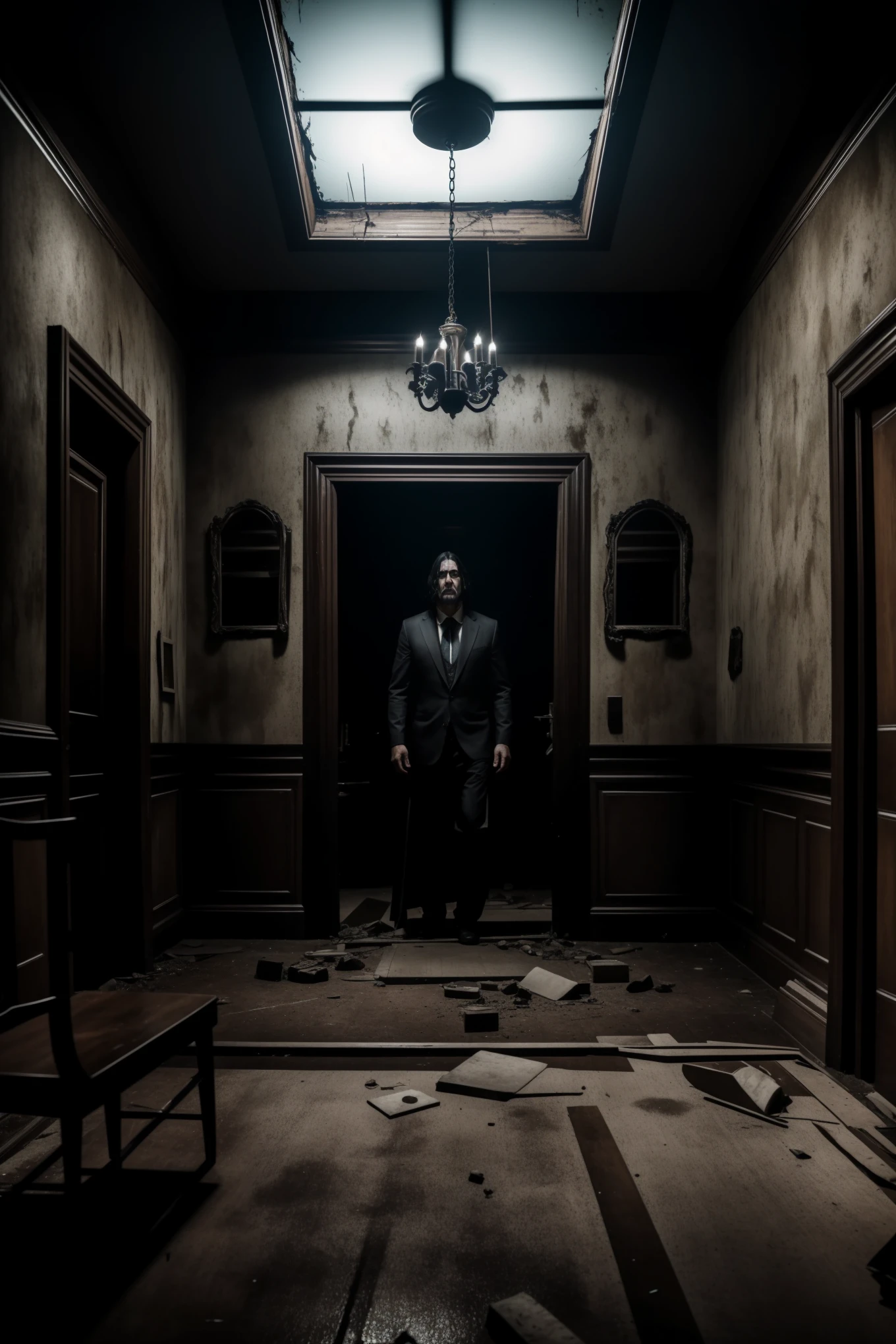 A chilling, cinematic image of a black-haired monster with a twisted, menacing face and long, flowing locks. In the background, the monster stands in a dimly lit, abandoned house, where the only source of light comes from a broken mirror with a blood-stained hand reaching out. The overall atmosphere is eerie and suspenseful, with a sense of impending doom hanging heavy in the air. The monster's eyes gleam with an otherworldly intensity, and its breathing can be heard echoing through the abandoned rooms. The image is captured in high definition, with every detail vividly brought to life - from the monster's grotesque features to the peeling wallpaper and